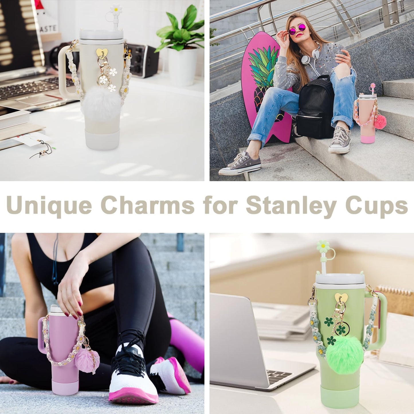 Stanley Cup Accessories Set Including 1 Pcs Water Bottle Handle Strap, 1 Pcs Siliocne Stanley Cup Boot, 1 Pcs Siliocne Straw Cover, 2 Pcs Stanley Charms for Stanley Cup 40oz & 30oz Tumbler (White)…