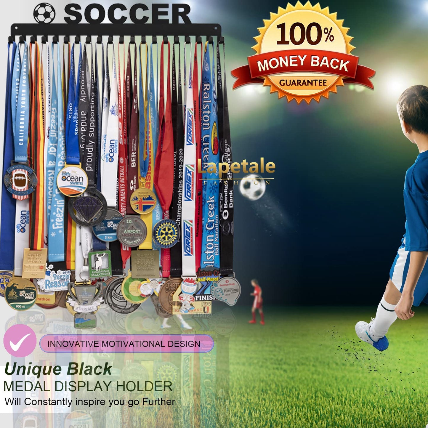 Lapetale Fashion Soccer Medal Hanger Display Medal Holder Hanger Display Rack,Easy Install Easy to Use,Soccer Medal Display Rack, Soccer Medal Hanger with 20PCS Hanging Hooks Upgraded Extension Hooks
