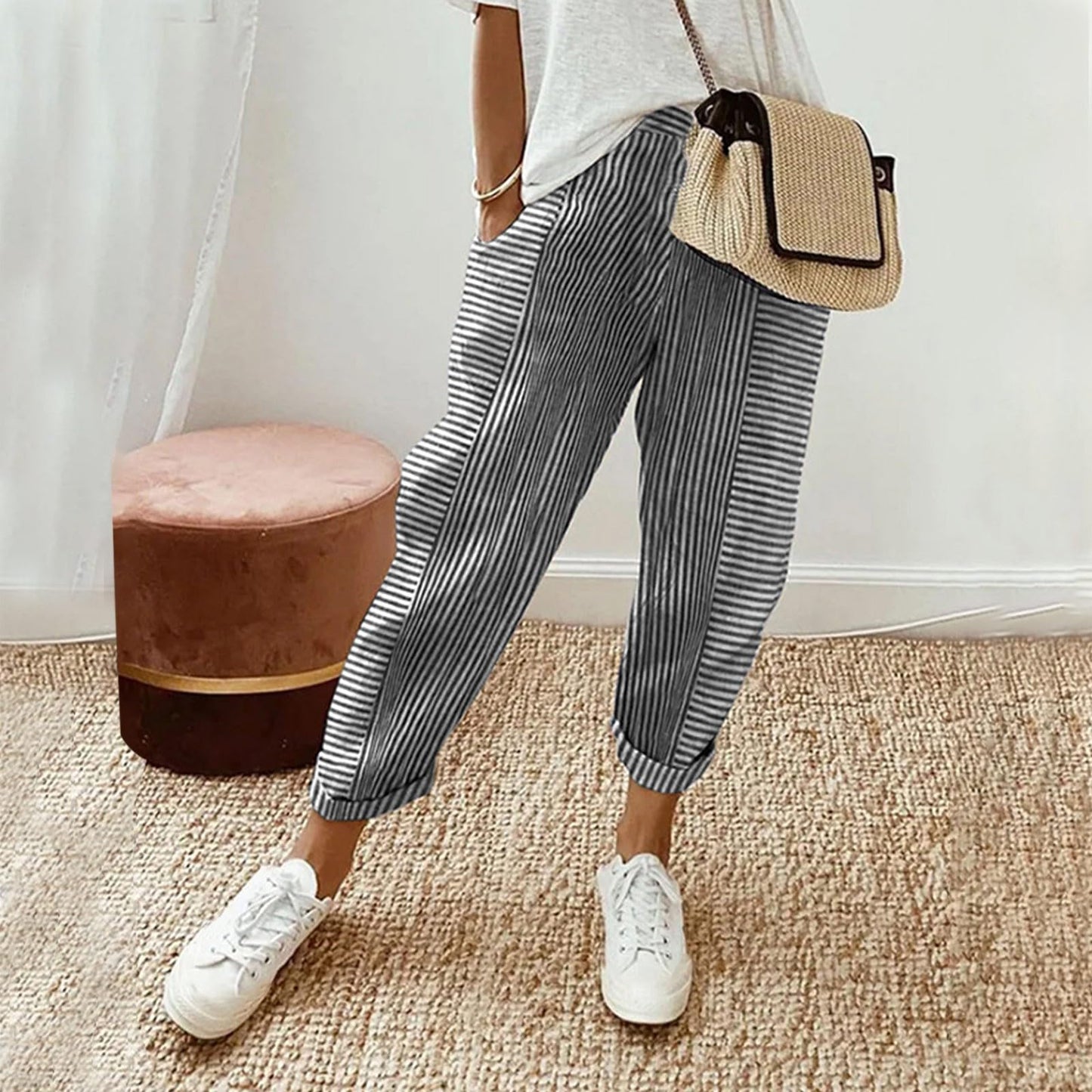 Generic ,Clothes for Women Pants for Women Trendy Womens Capris Summer Striped Linen High Waisted Baggy Trousers Pants Work Wide Legged Women Jogger Pants(Black,M), Medium