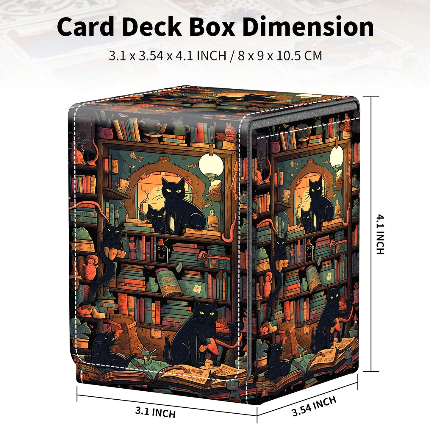 Qindaiwen Card Deck Box for Trading Cards, MTG Deck Box Fits 100+ Single Sleeved Cards, PU Leather Strong Magnet Card Deck Case Holder for Magic Commander TCG CCG, Night Cat 02