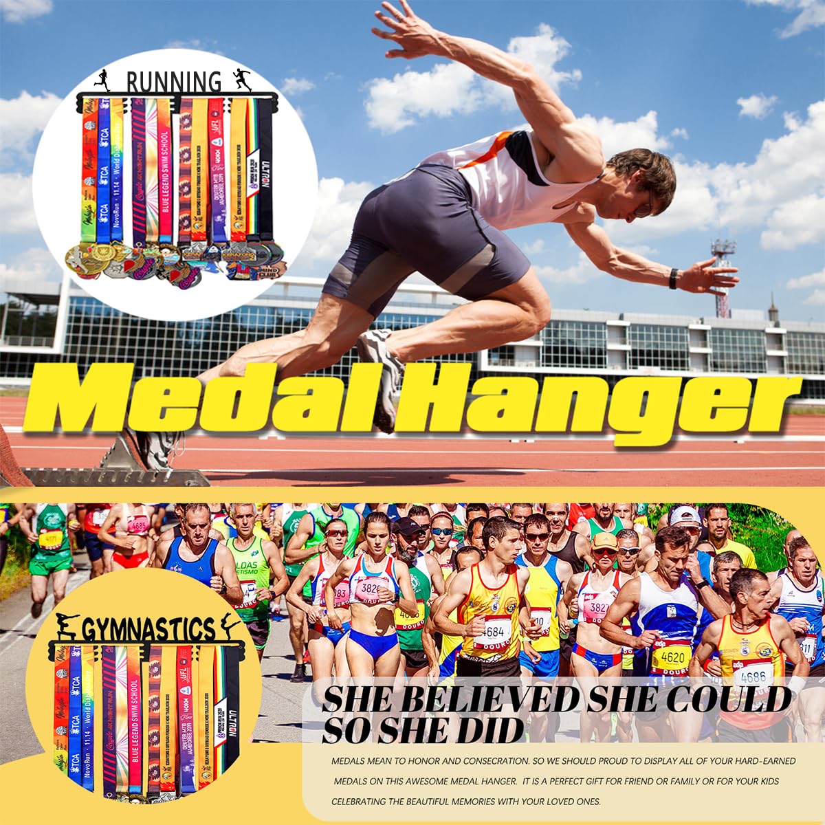 Personalized Medal Holder with Name Display Rack - Premium Metal Sports Race Plaques Hanger for Wall Mount, Holds Up to 60 Medals, for Athletes,White