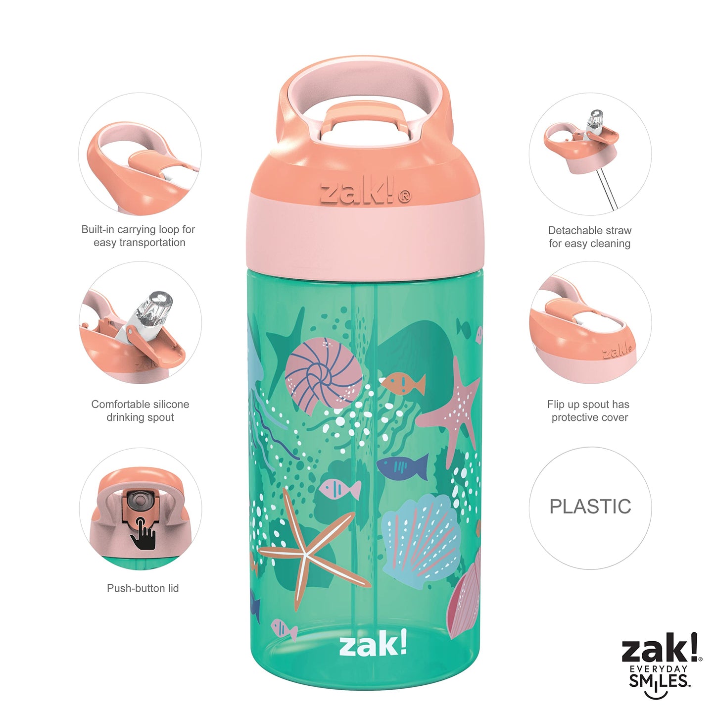 Zak Designs 16oz Riverside Kids Water Bottle with Spout Cover and Built-in Carrying Loop, Made of Durable Plastic, Leak-Proof Design for Travel (Unicorn & Shells, Pack of 2)