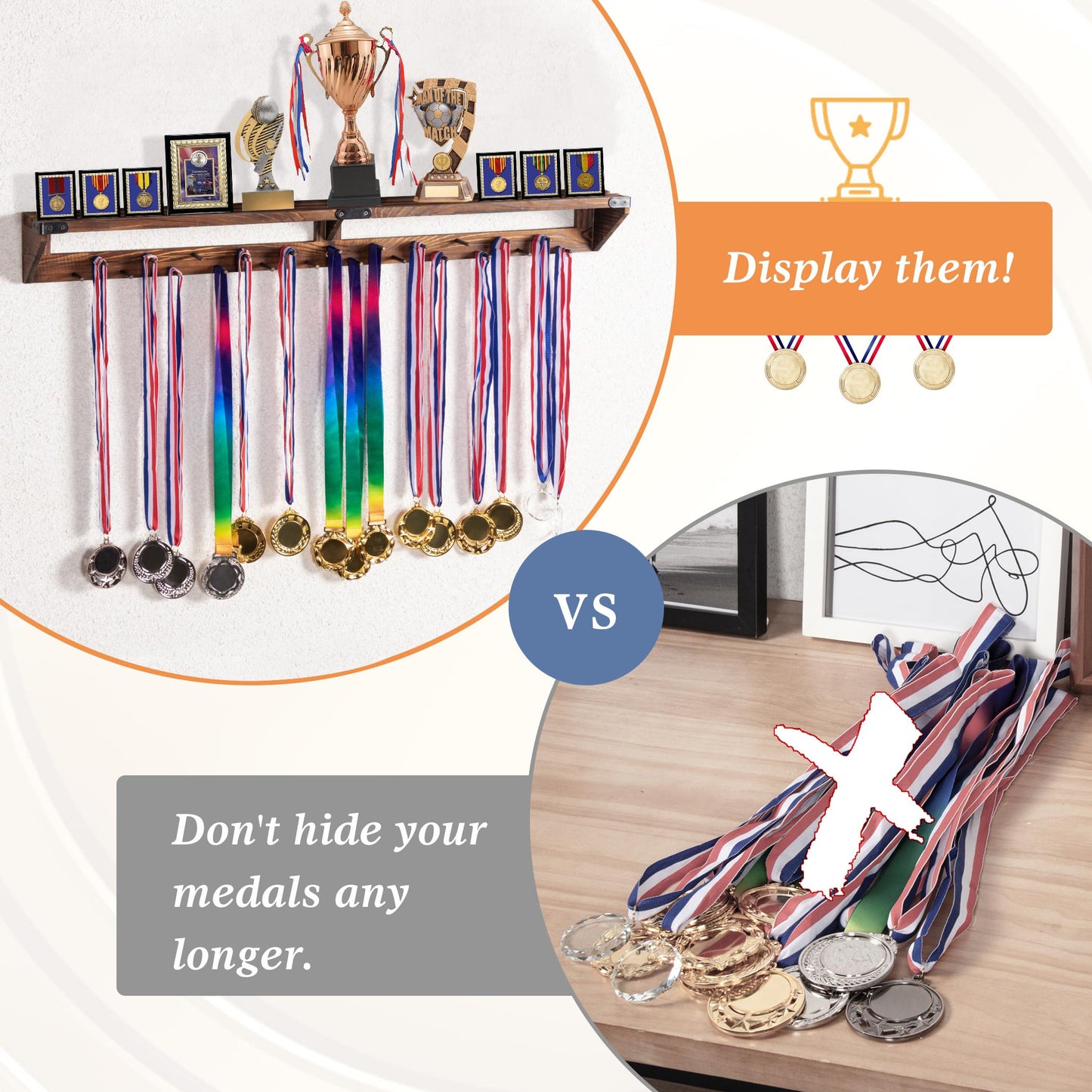 Lavievert Gymnastic Medal Hanger with Storage Shelf, Wooden Wall-Mounted Trophy Shelf, Race Medal Display Rack Holder with 23 Hanging Bars - Brown