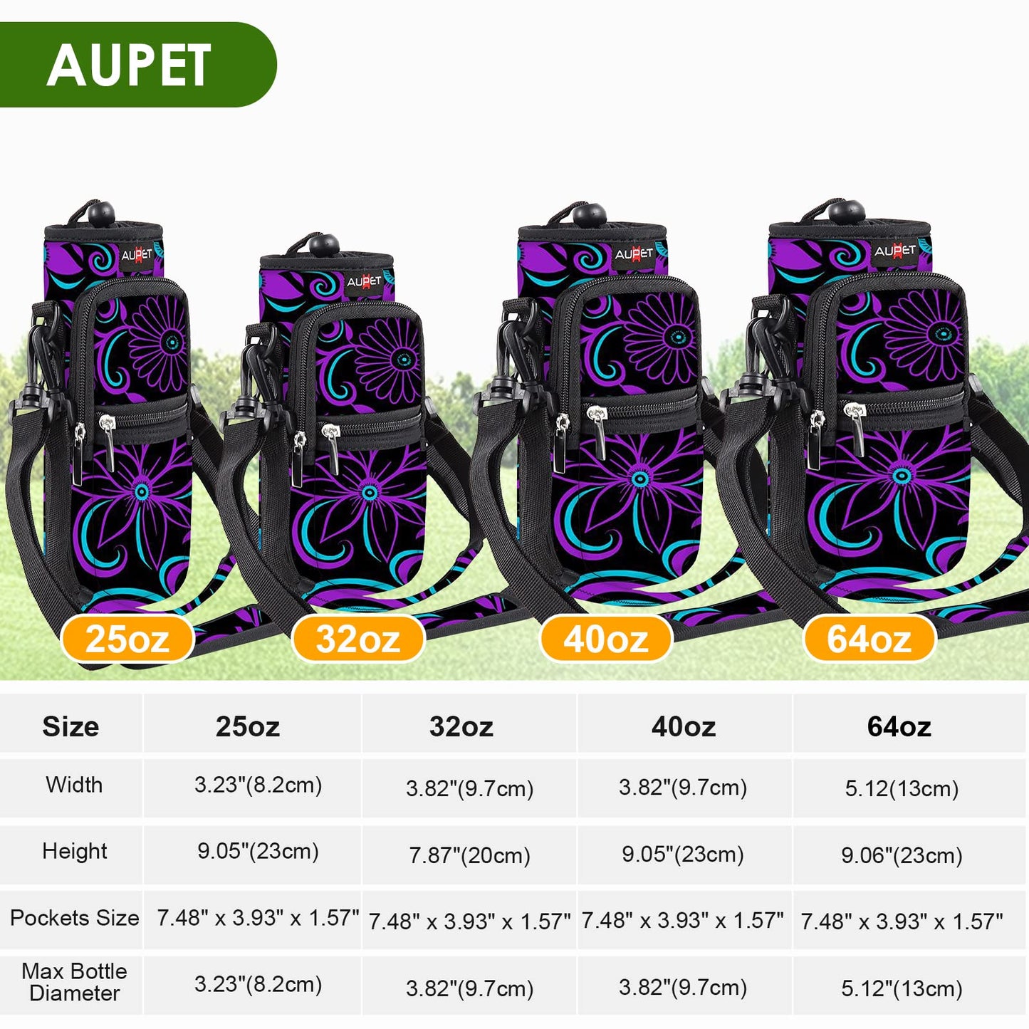 AUPET Water Bottle Holder Sling Carrier Bag Sleeve 25/32/40/64 oz,Insulated Crossbody Water Bottle Case Cover with Strap and Pockets for Men/Women Walking Hiking Camping (25oz,purple flower)