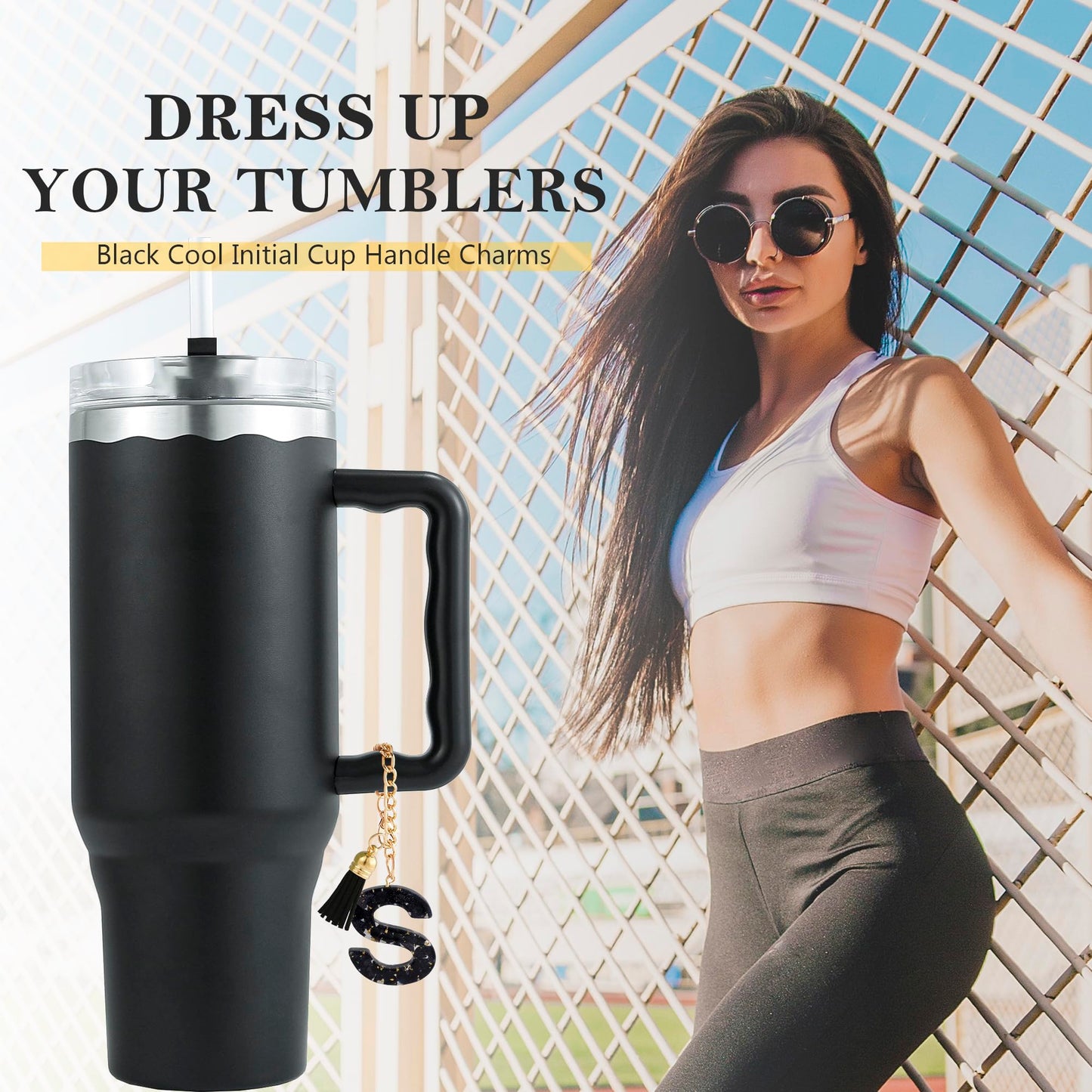 Letter Charm Accessories for Stanley Cup 1 PCS Cute Initial Keychain Handle Charm for Stanley Tumbler for Women Black Letter S