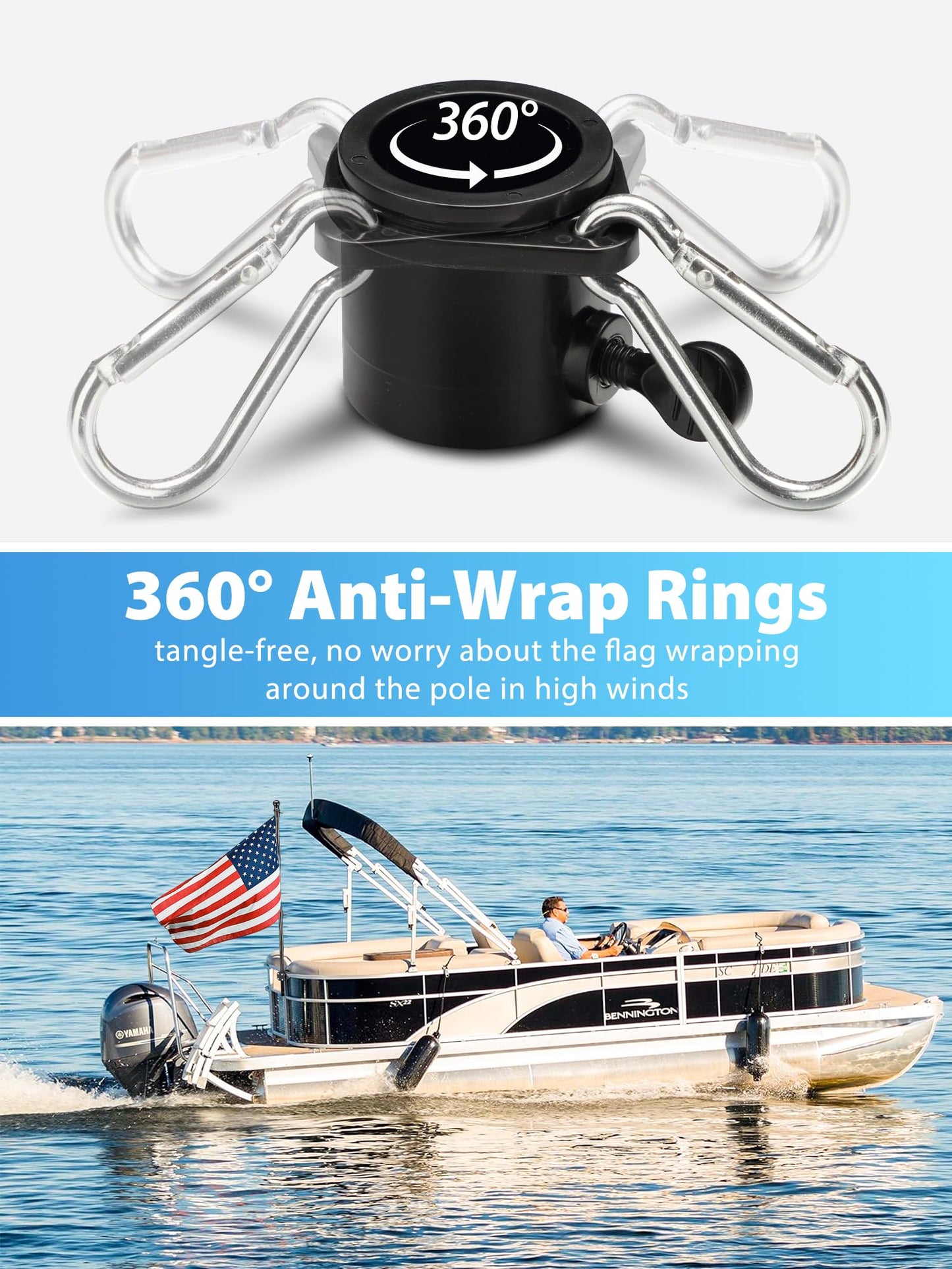 Boat Flag Pole, Pontoon Boat Accessories Flag Pole Kit with 12”x18” American Flag, 45 in Flag Pole, Holder Mount for 0.5"-1.1" Rails, Tangle Free Rings, Metal Black Marine Flags Pole for Yacht, 2 Pack