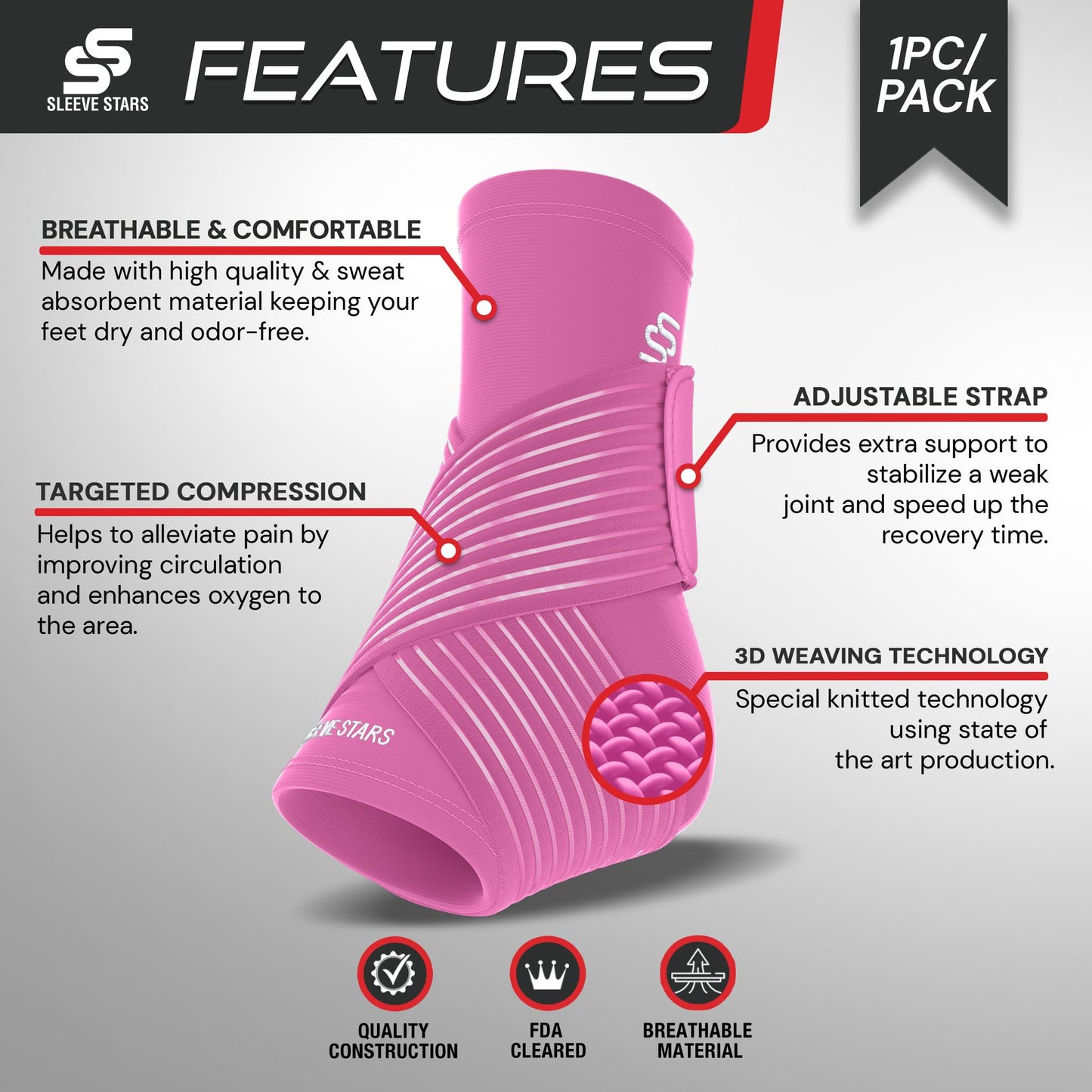 Sleeve Stars Ankle Brace for Sprained Ankle, Plantar Fasciitis Relief Achilles Tendonitis Brace, Ankle Support for Women & Men with Strap, Heel Protector Wrap for Pain & Compression (Single/Hot Pink)