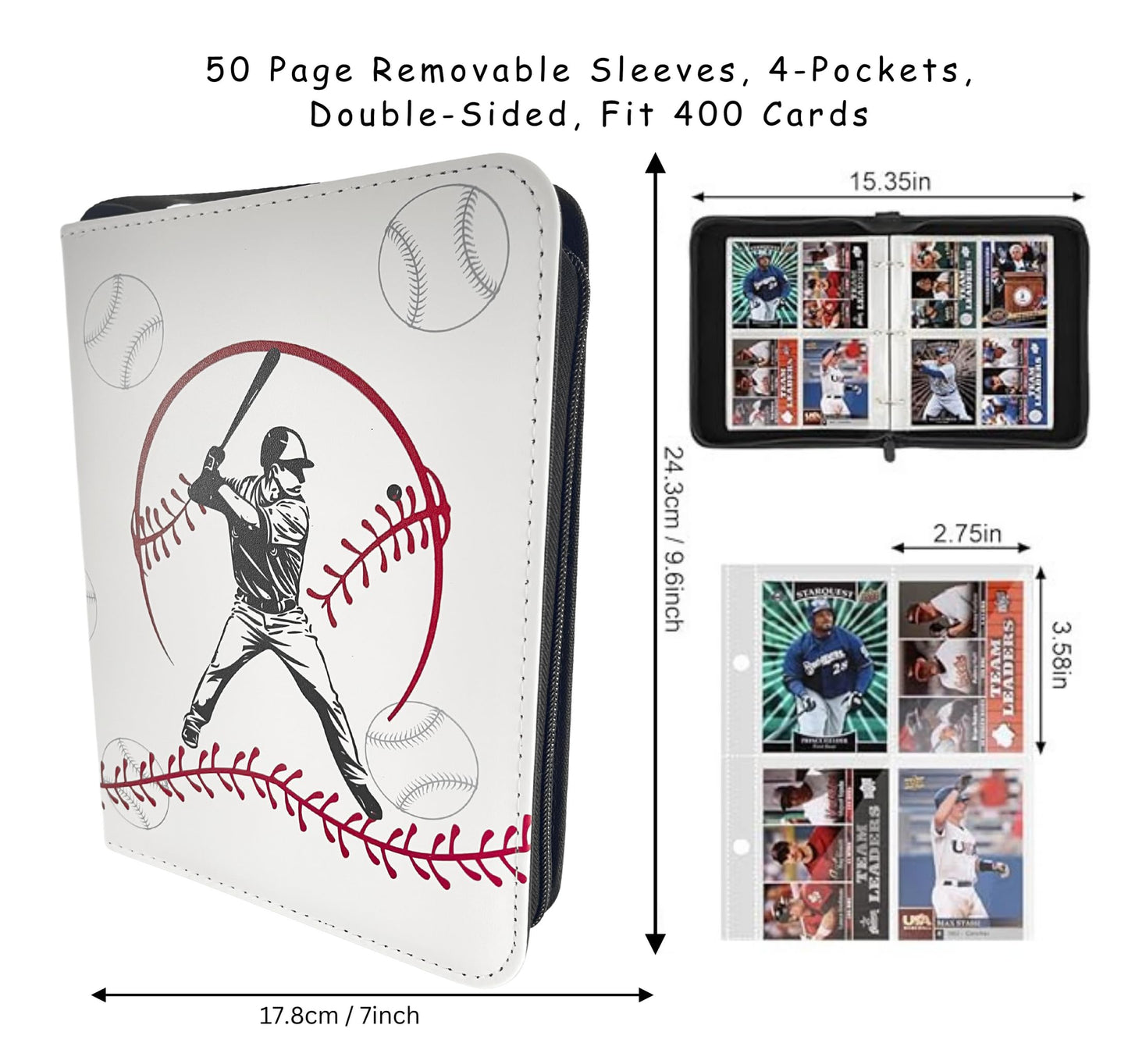 Baseball Card Binder 50 Sleeves 400 Card Holder. Sports Trading Cards Binder Album. 3 Ring Binder Card Holder. Compatible with Topps Cards. (White)
