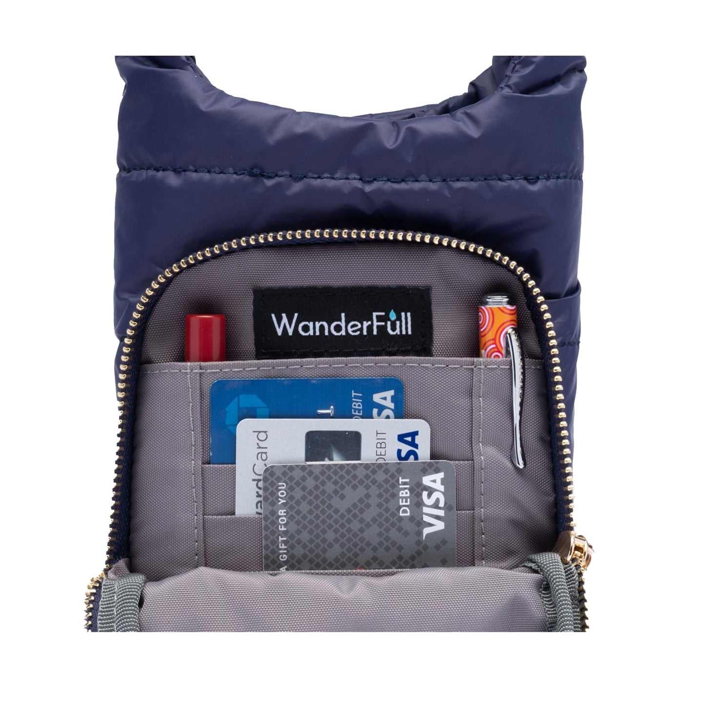 WanderFull Original Crossbody HydroBag | Quilted Water Bottle Carrier | Puffer Tote Tumbler Holder with Pockets for Phone & Accessories | Carry Travel Essentials (Navy Matte/Navy Gold Striped Strap)