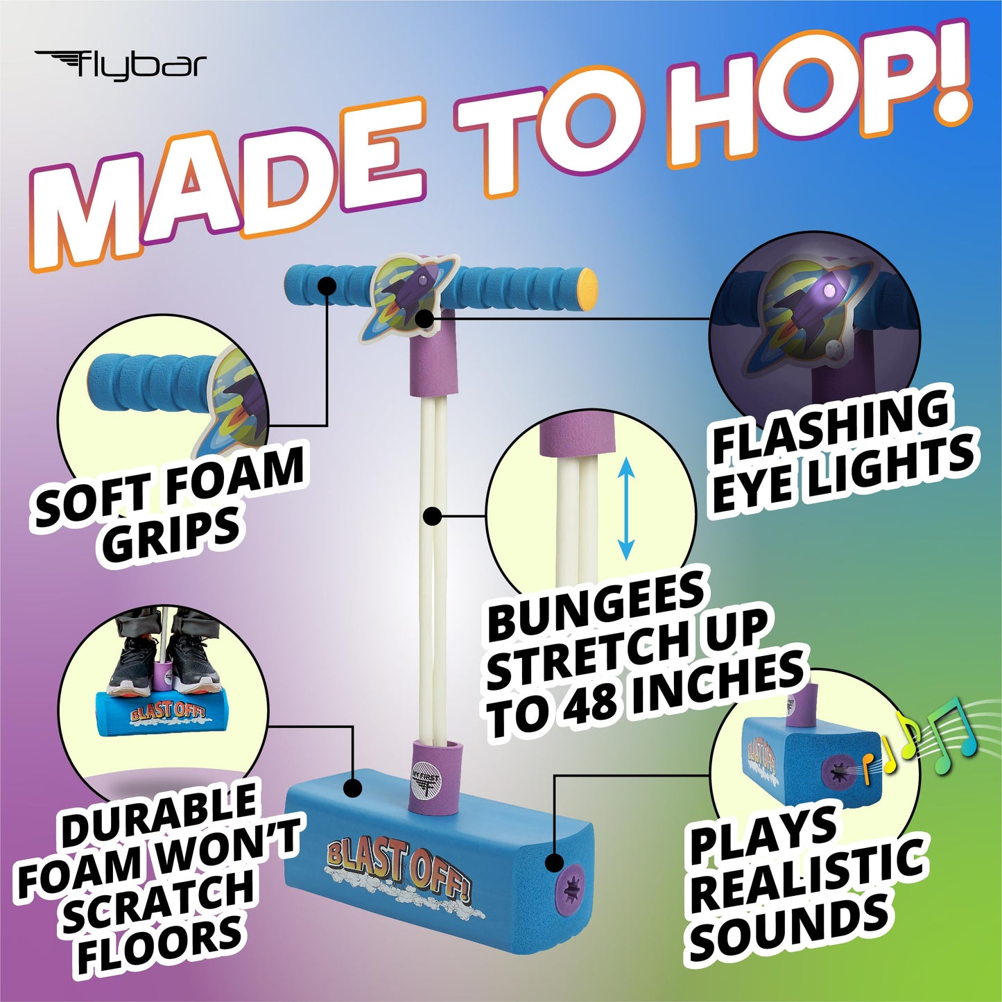 Flybar My First Foam Pogo Jumper for Kids Fun and Safe Pogo Stick for Toddlers, Durable Foam and Bungee Jumper for Ages 3 and up, Supports up to 250lbs, Rocket