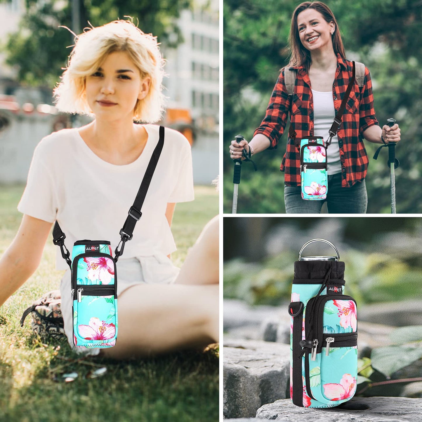 Water Bottle Sling Bag Sleeve Holder Carrier 25/32/40/64 oz ,Insulated Crossbody Water Bottle Case Cover with Strap and Pockets for Men/Women Walking Hiking Camping (25oz, flowers green background)