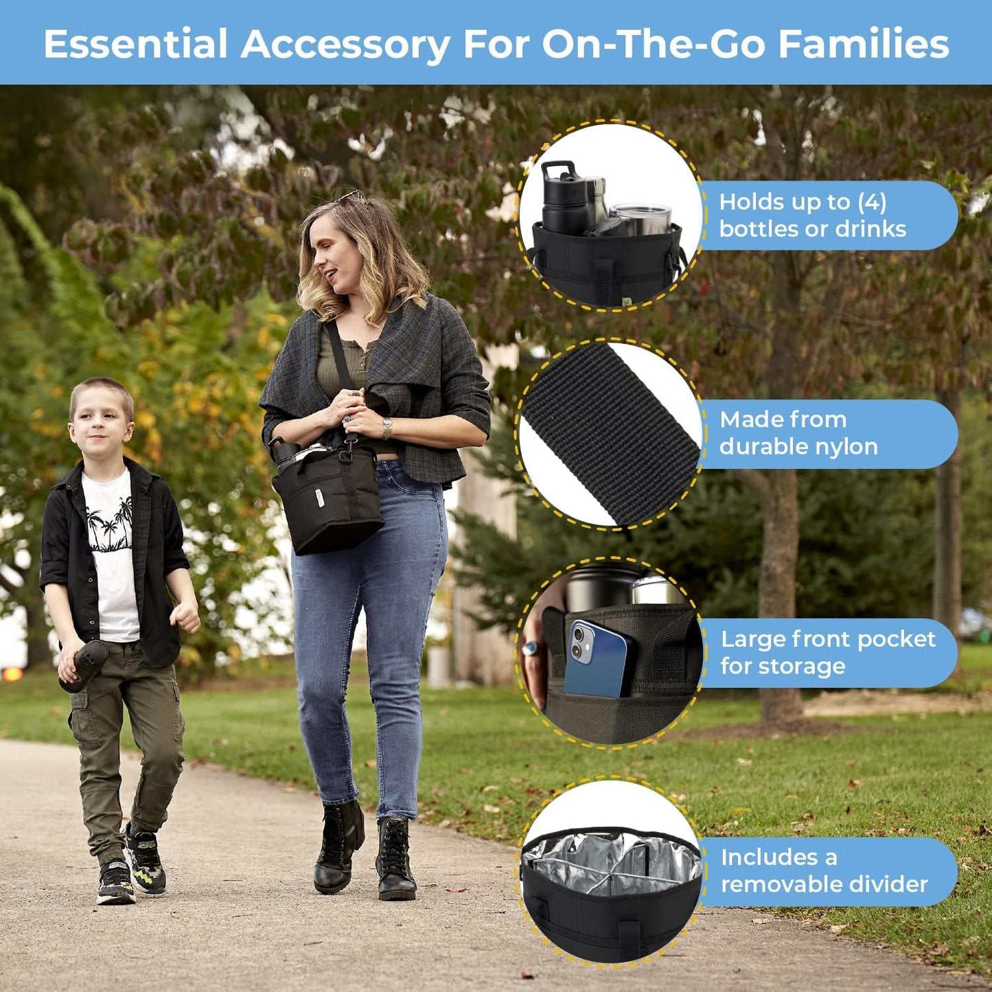 4 Water Bottle Holder with Strap | Family Size 4 Compartment Drink Bag, Multiple Tumbler Carrier Caddy | Adjustable Fits Large & Small Drinks | Hands Free, Won't Tip Over in Car (Blue)