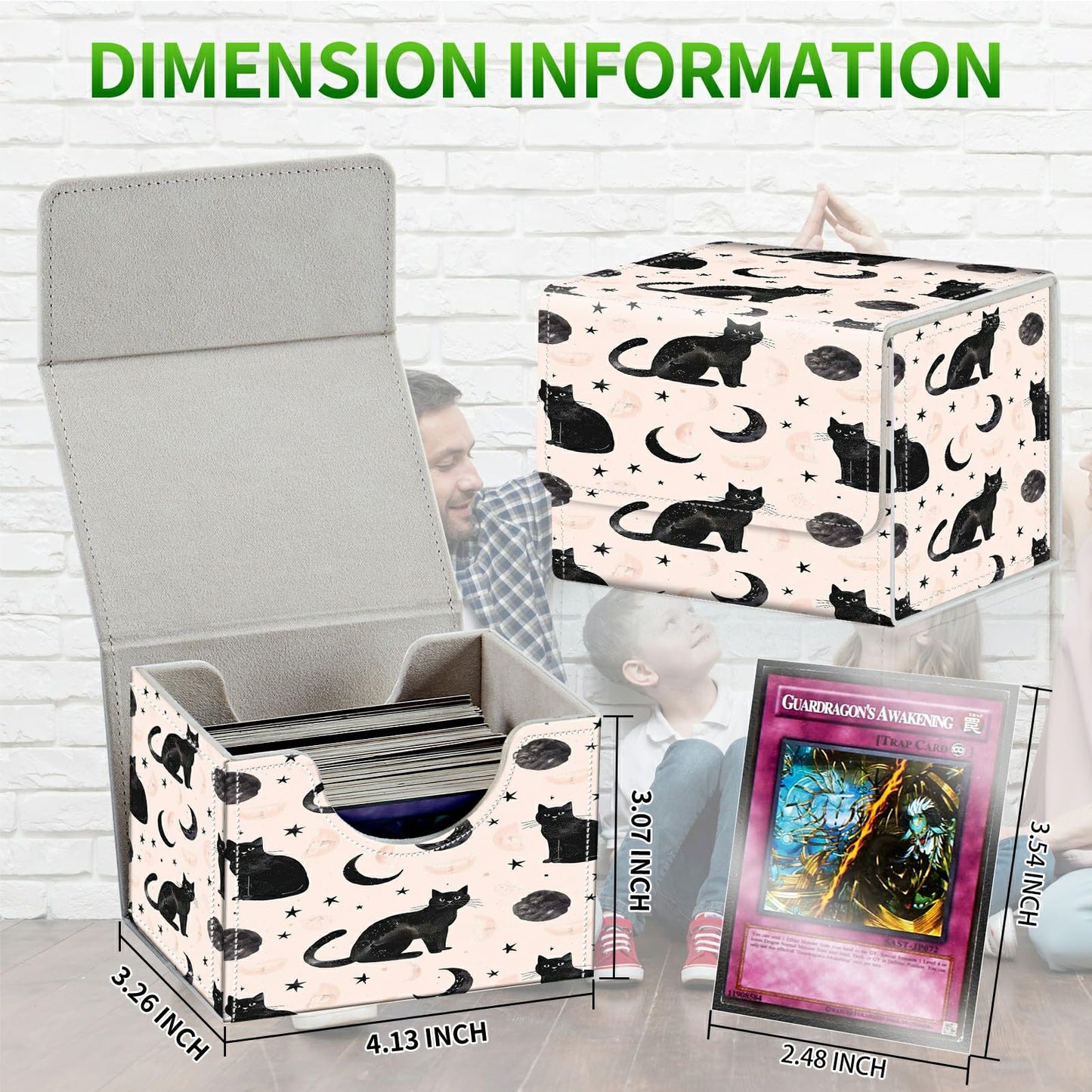 RWUTYTIUL Card Deck Box for MTG Cards, Card Storage Box Fits 100+ Sleeved Cards, PU Leather Large Size Strong Magnet Card Deck Case Holder for Board Game Magic MTG TCG CCG, Black Cat