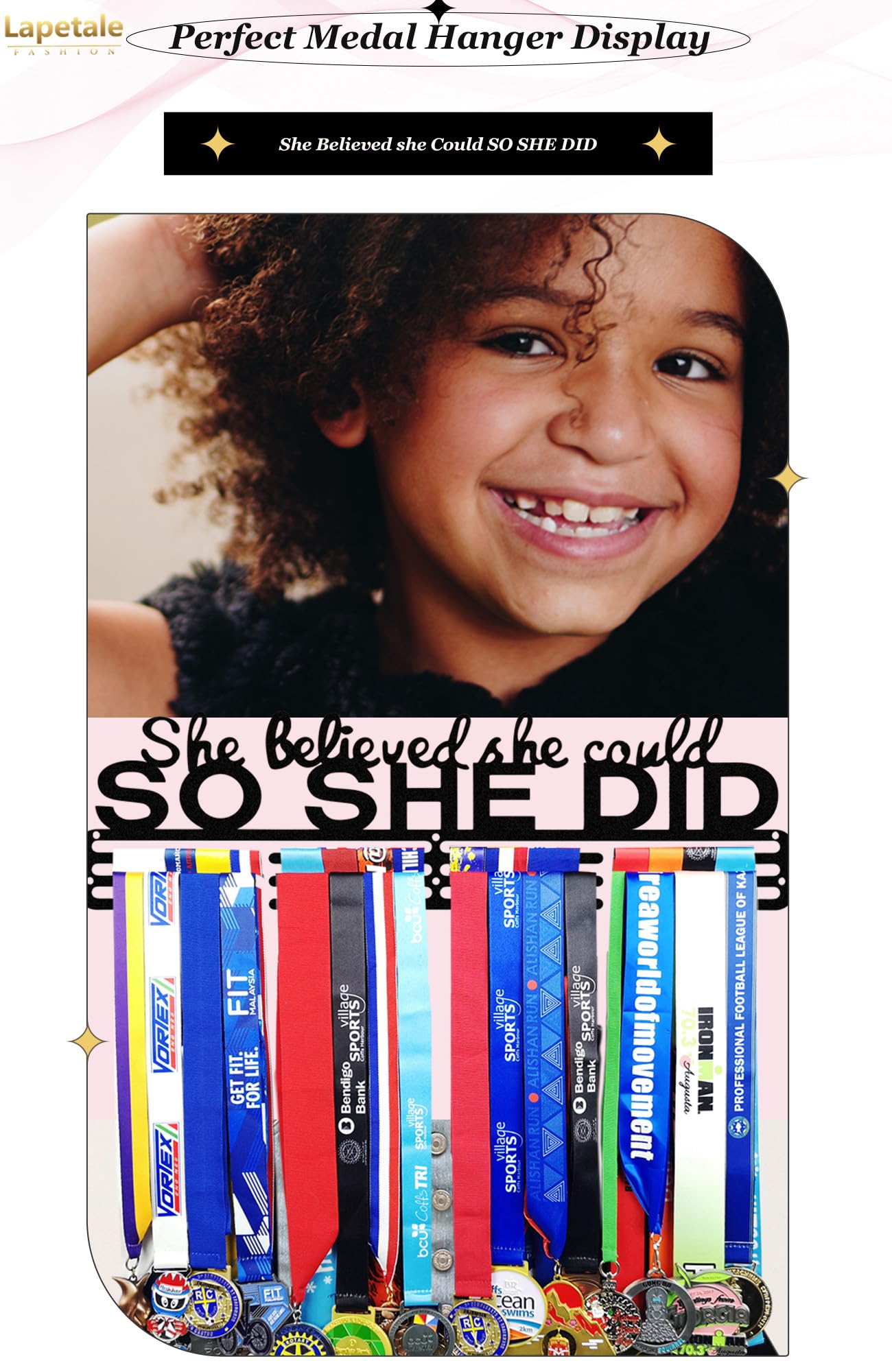 Medal Hanger Holder Display Wall Rack Frame Shelf-Medal Hanger Awards Ribbon Cheer,gymnastics,soccer,softball Holder Display Custom Rack for 60 Medals Black Finishing