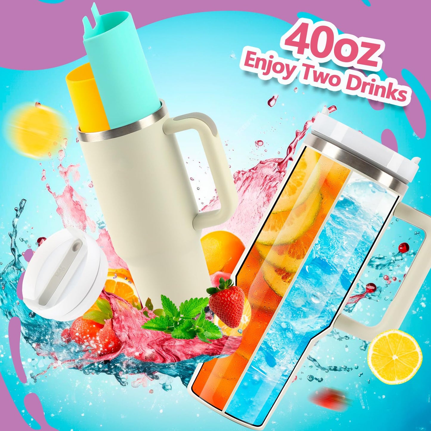 LittleHugs Silicone 2-in-1 Cup for Stanley Cup 40 oz Compatible with Stanley Cup Accessories,Double Drinks Bag Fit Stanley Cups Dispense Different Beverages (Cream)