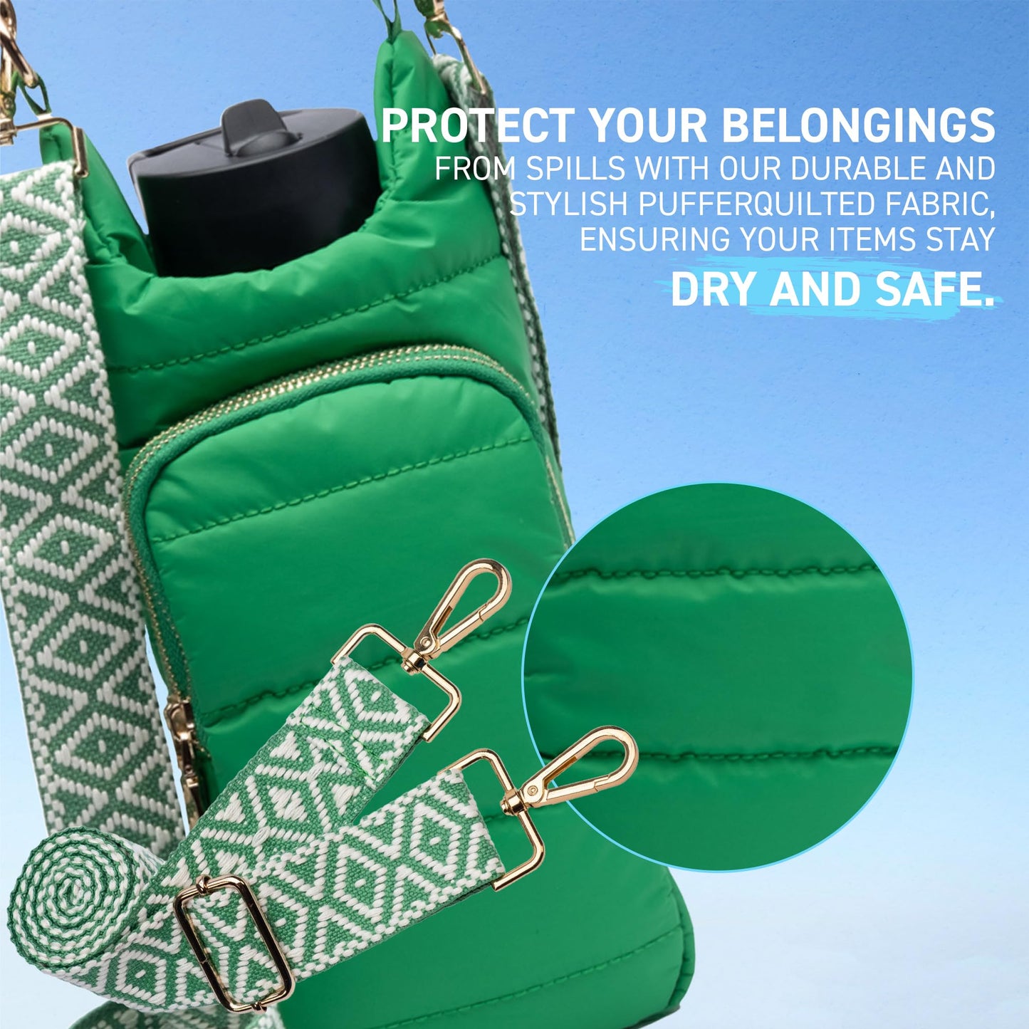 WanderFull Original Crossbody HydroBag | Quilted Water Bottle Carrier | Puffer Tote Tumbler Holder with Pockets for Purse, Phone & Accessories | Carry Travel Essentials (Green/Patterned Strap)