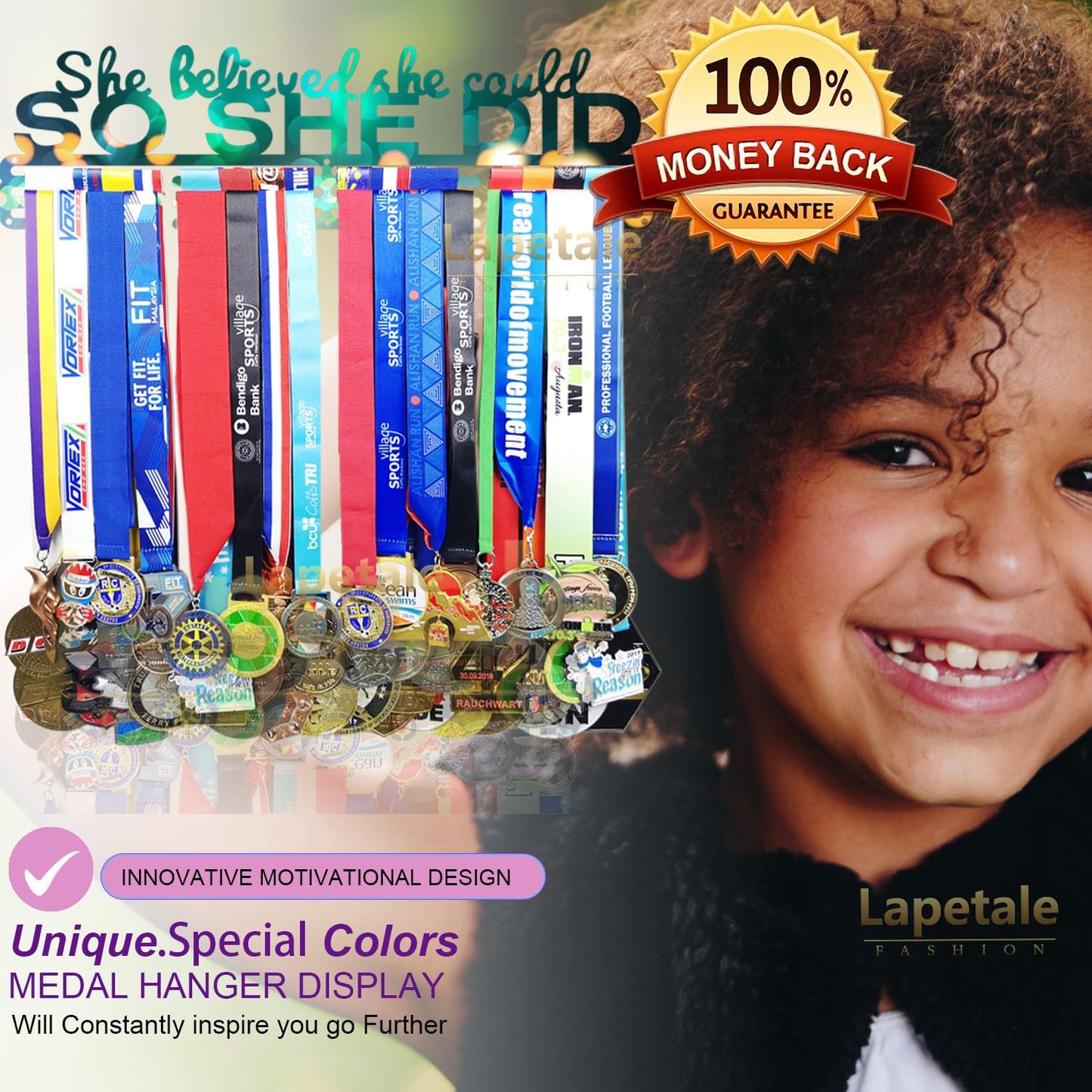 Lapetale Fashion Medal Hanger Holder Display Wall Rack Frame Shelf in 16" long-Medal Hanger Awards Ribbon Cheer,gymnastics,soccer,softball