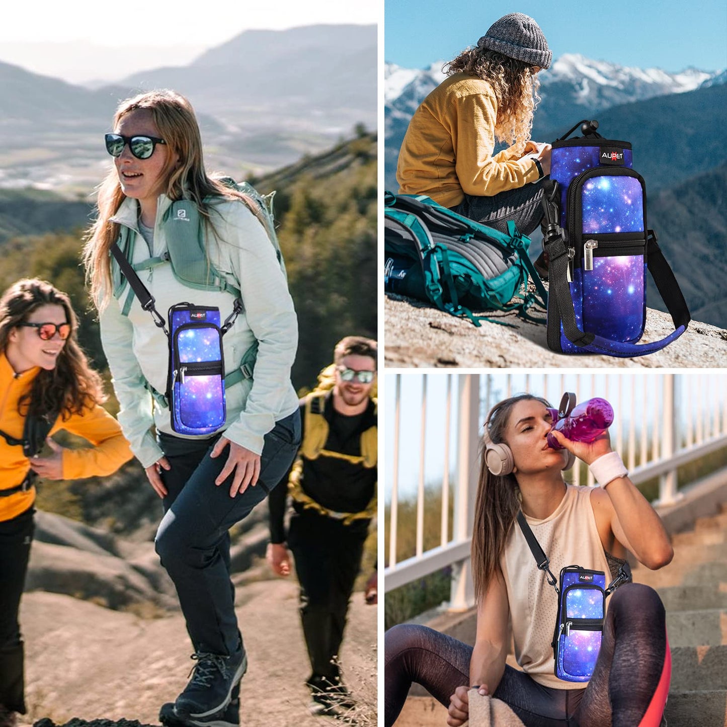 AUPET Water Bottle Sling Bag Sleeve Holder Carrier 25/32/40/64 oz,Insulated Crossbody Water Bottle Case Cover with Strap and Pockets for Men/Women Walking Hiking Camping (25oz, purple starry sky)