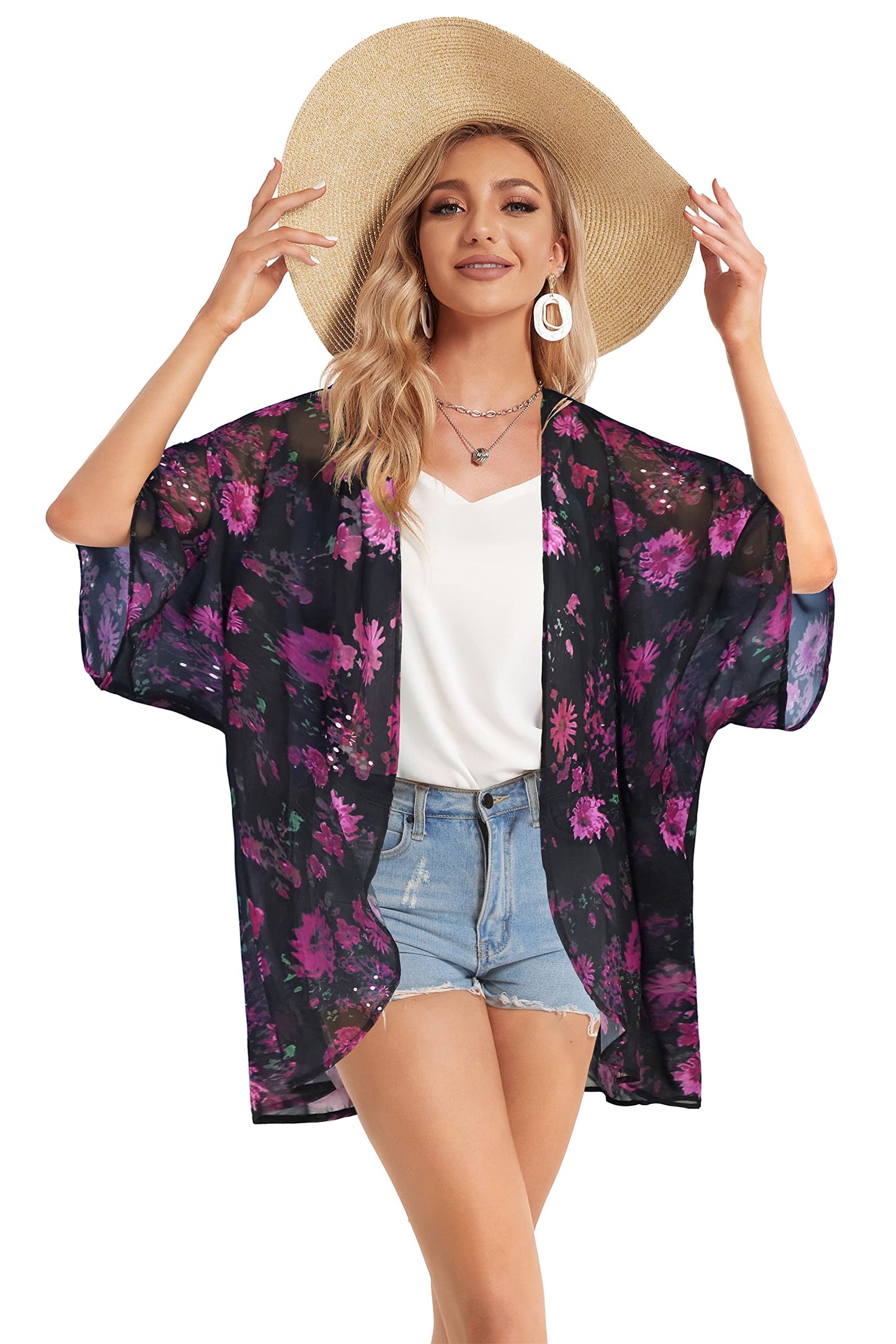 Women's Fall Tops Dressy Casual Kimono Cardigan Summer Loose Cover Up Blouse Hawaiian Shirts (RoseFloral, S)