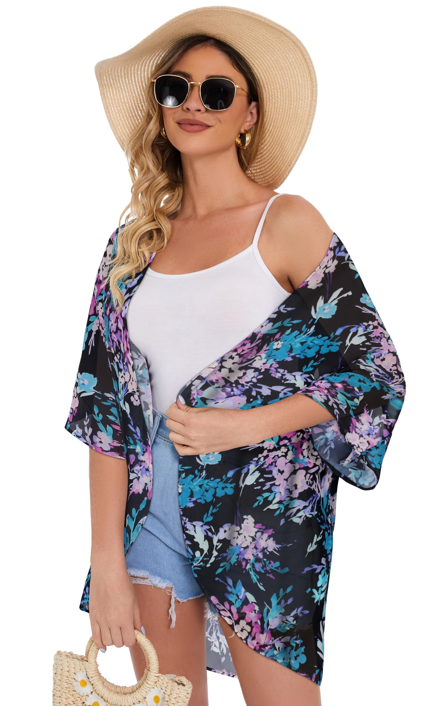 Womens Floral Kimono Cardigans Beach Coverups Loose Puff Sleeve Casual Tops (Purple Flowers Print,S)