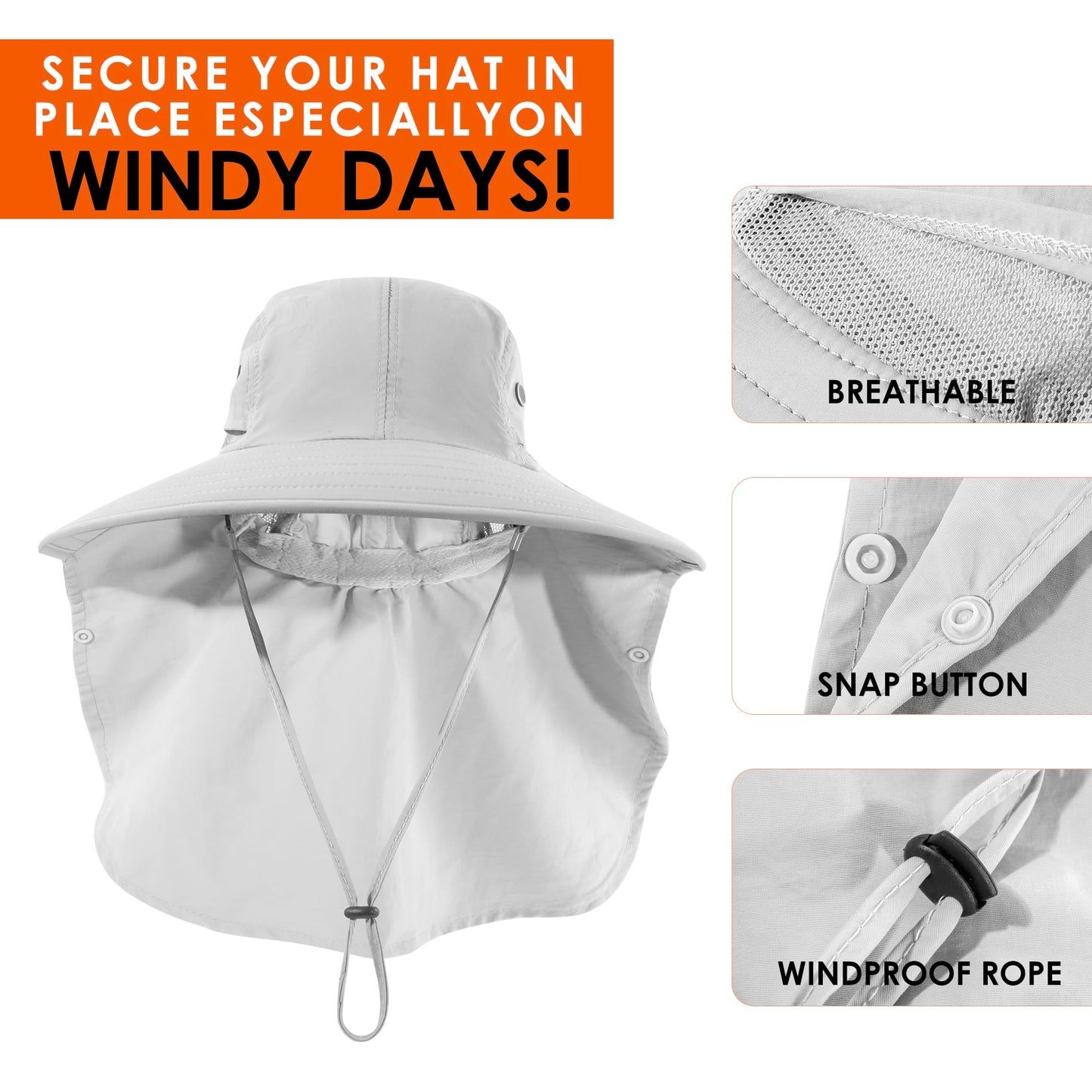 HEEHIPOO Mens Women Fishing Hat UPF 50+ Wide Brim Sun Hat with Face Cover & Neck Flap Light Gray