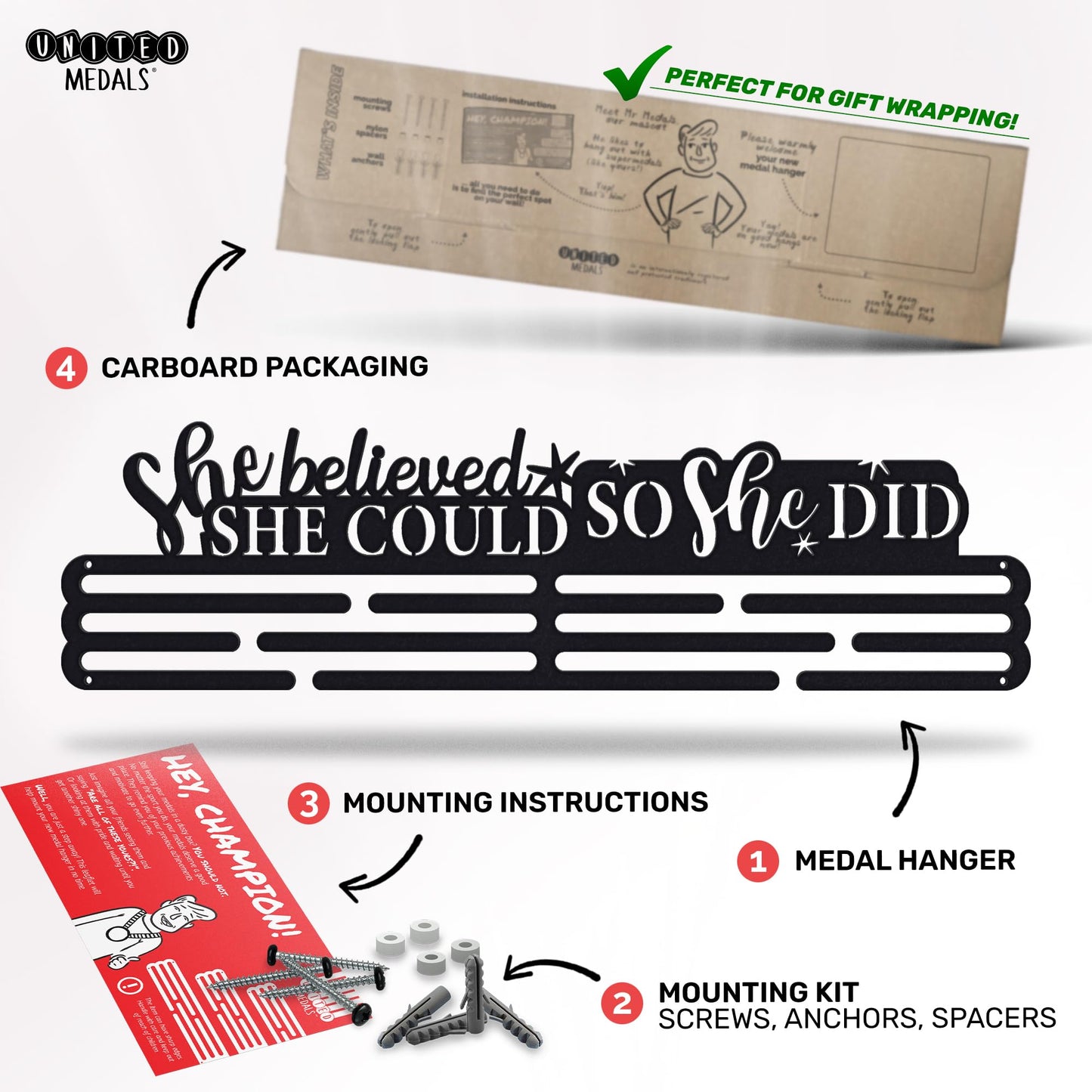 Sports Medal Hanger Display Race She Believed She Could So She Did | Black Race Medal Holder Awards Wall Mount | Running Marathon Race Medal Display for Wall | Steel medal holder for wall