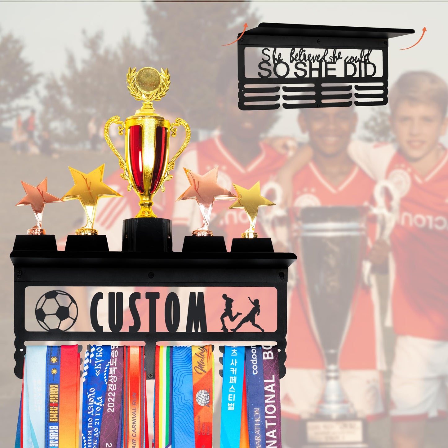 Goutoports Personalized Medal Hanger with Trophy Shelf and Custom Name Display Rack for Awards Ribbons and Trophies - Metal Holders - Holds Up to 60 Medals and Trophies - Gift for Athlete Sport Fan