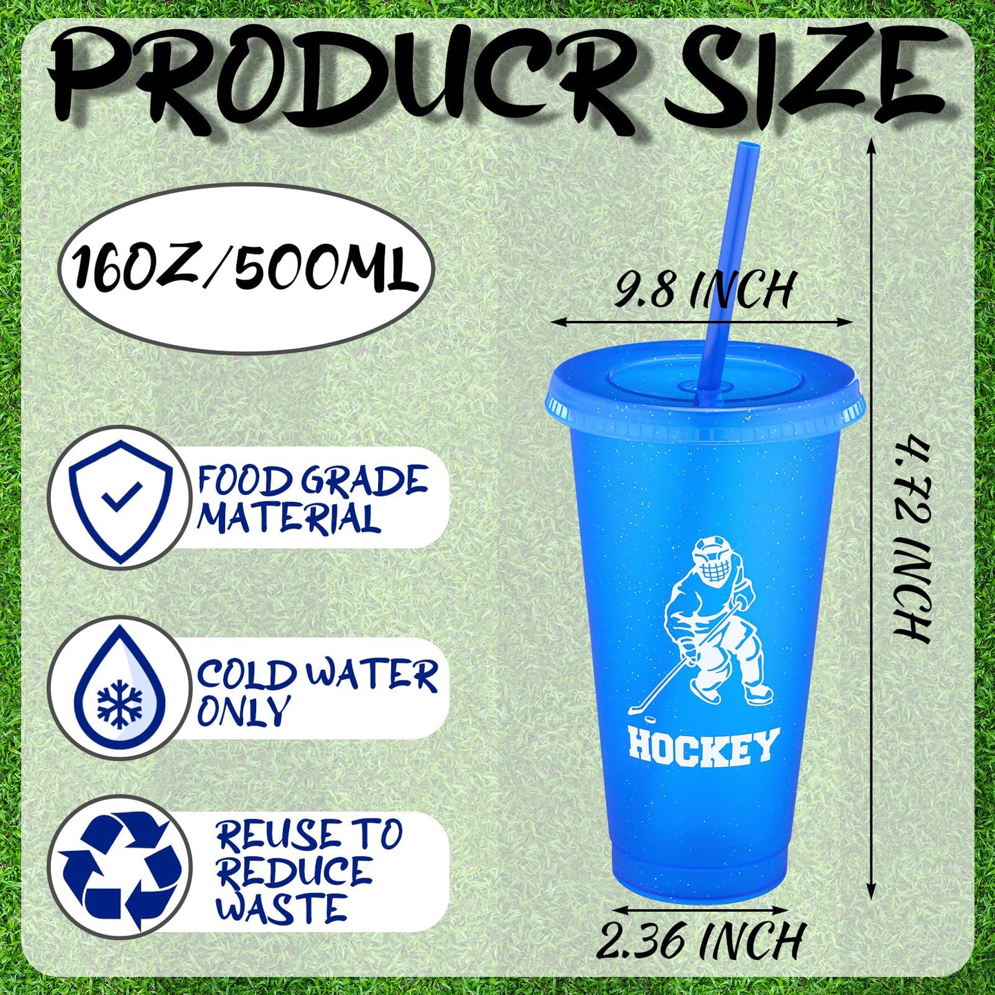 Willinglong 24 Pcs Hockey Plastic Tumblers with Lids and Straws for Hockey Reusable Cute Iced Coffee Travel Cups Mug Water Bottle for Birthday Party