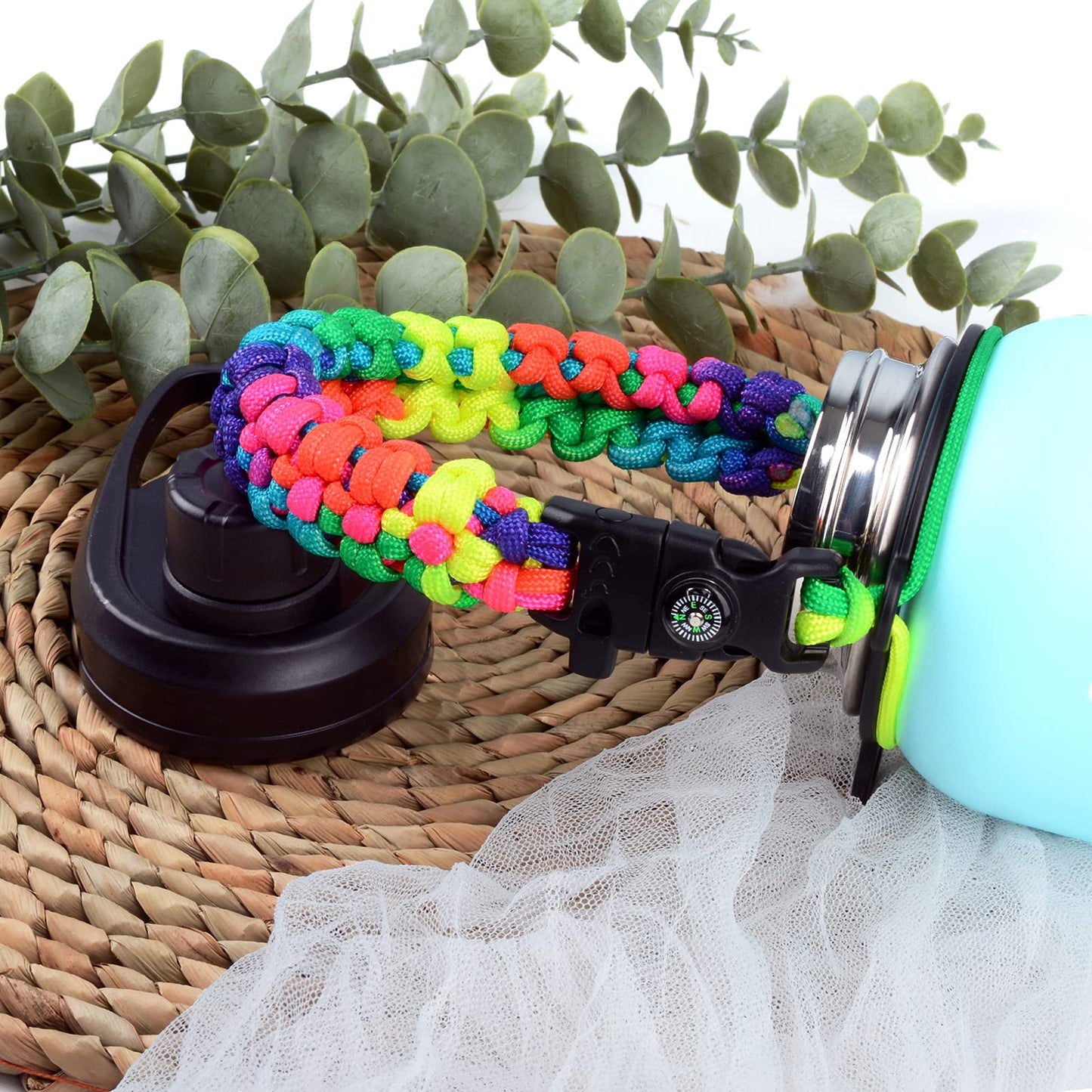 Paracord Handle - Fits Wide Mouth Bottles 12oz to 64oz - Durable Carrier, Paracord Carrier Strap Cord with Safety Ring,Compass and Carabiner - Ideal Water Bottle Handle Strap (Dark rainbow Flower)