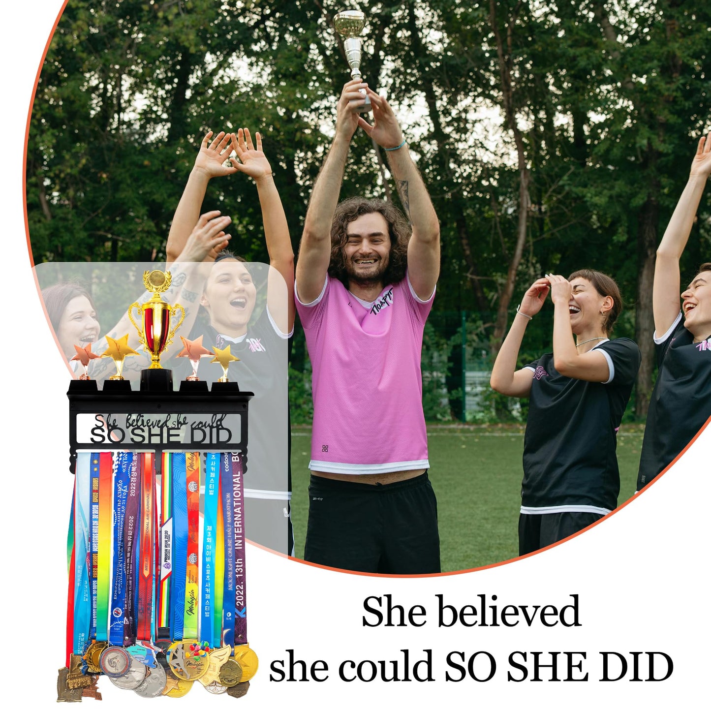 Goutoports Personalized Medal Hanger with Trophy Shelf and Custom Name Display Rack for Awards Ribbons and Trophies - Metal Holders - Holds Up to 60 Medals and Trophies - Gift for Athlete Sport Fan