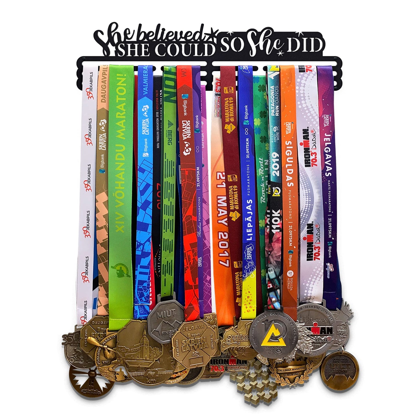 Sports Medal Hanger Display Race She Believed She Could So She Did | Black Race Medal Holder Awards Wall Mount | Running Marathon Race Medal Display for Wall | Steel medal holder for wall