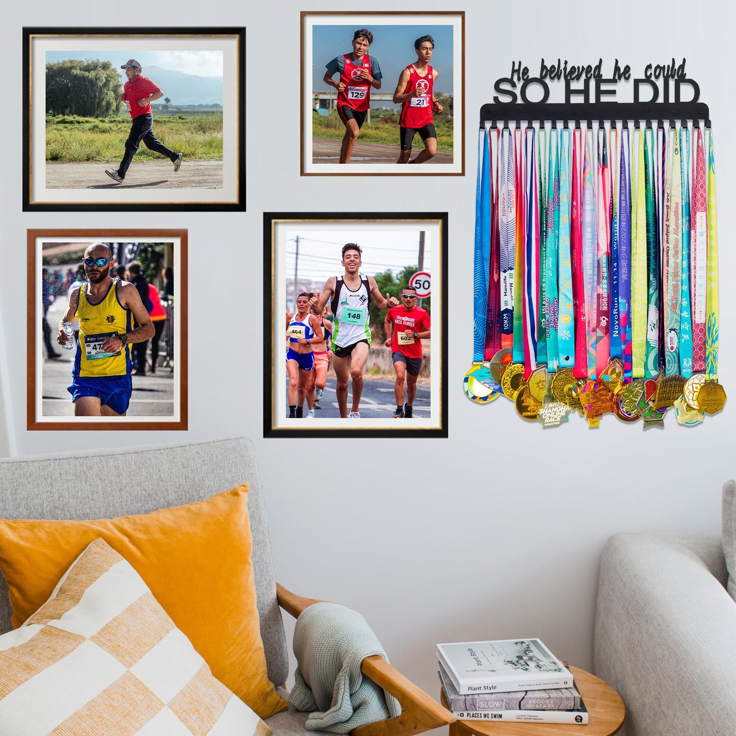 Goutoports Medal Holder Display Hanger - He Believed He Could He Did - Personalized Medal Wall Hanger for Sport Race Runner Sturdy Black Steel Metal Over 60 Medals Easy to Install