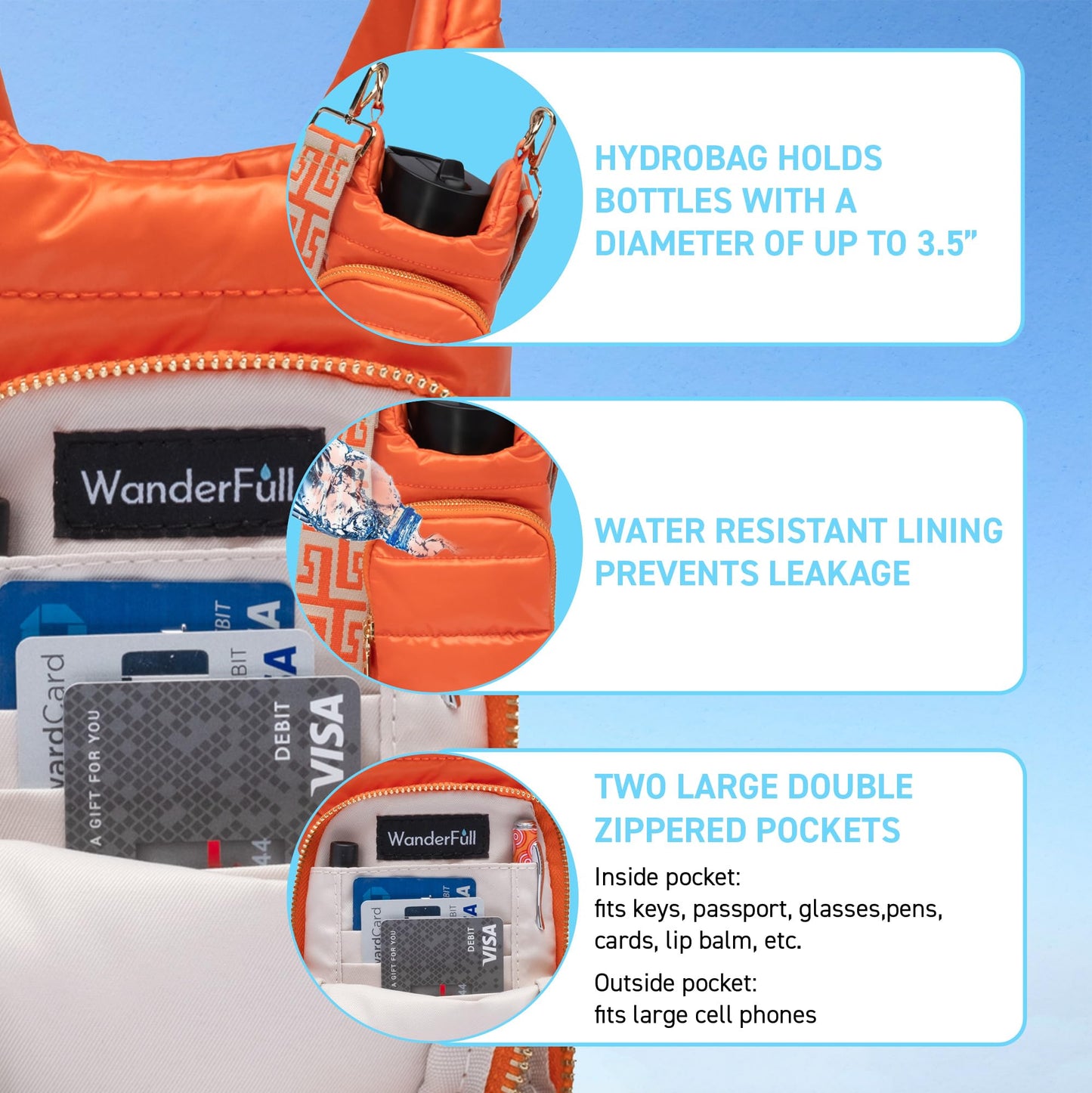 WanderFull Original Crossbody HydroBag | Quilted Water Bottle Carrier | Puffer Tote Tumbler Holder with Pockets for Purse, Phone & Accessories | Carry Travel Essentials (Orange/Patterned Strap)