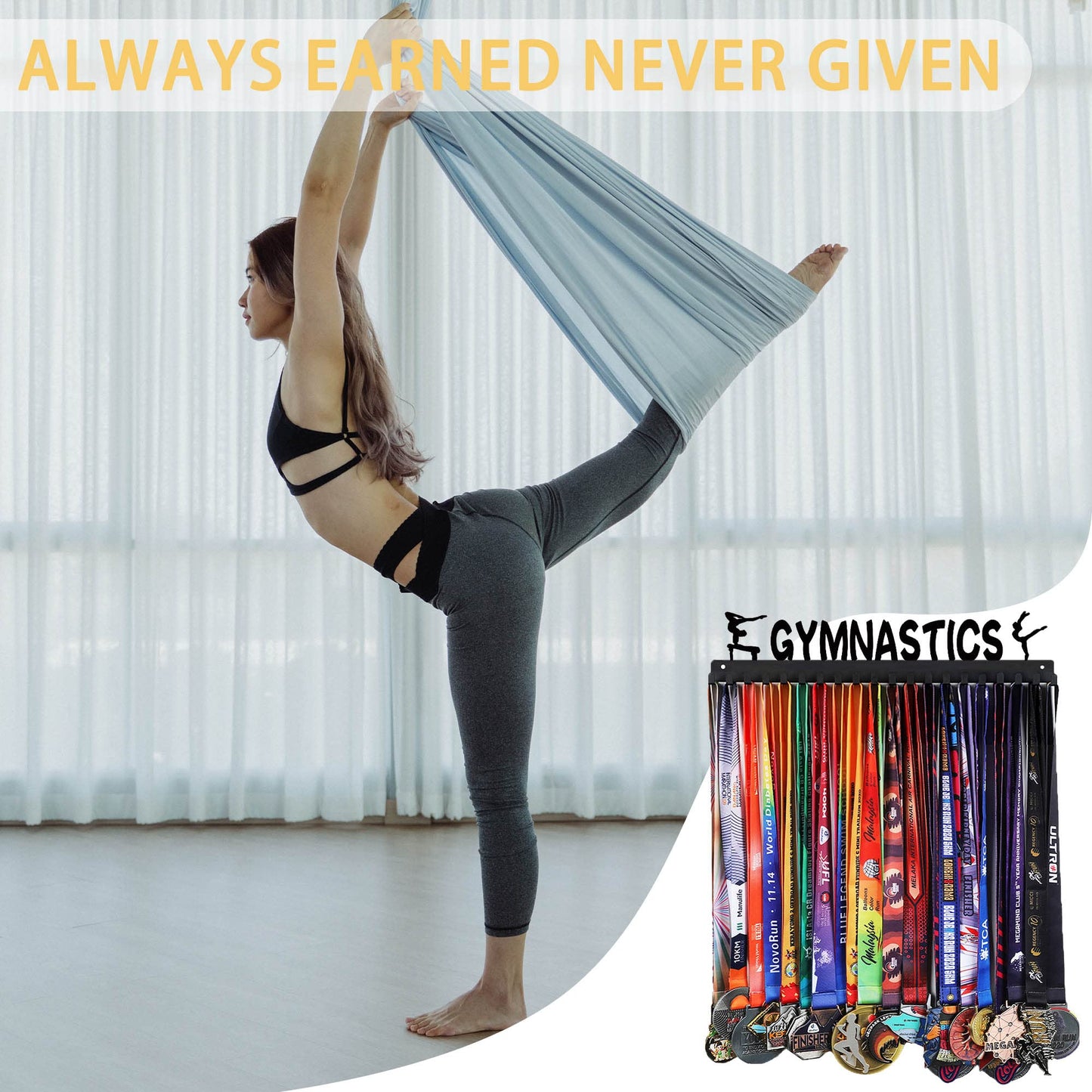 Goutoports Medal Wall Hanger Display - Gymnastics Girls - Award Plaques Rack for Sports - Black Steel Metal Holder With 20 Hooks Hold Up 60 Medals Easy to Install
