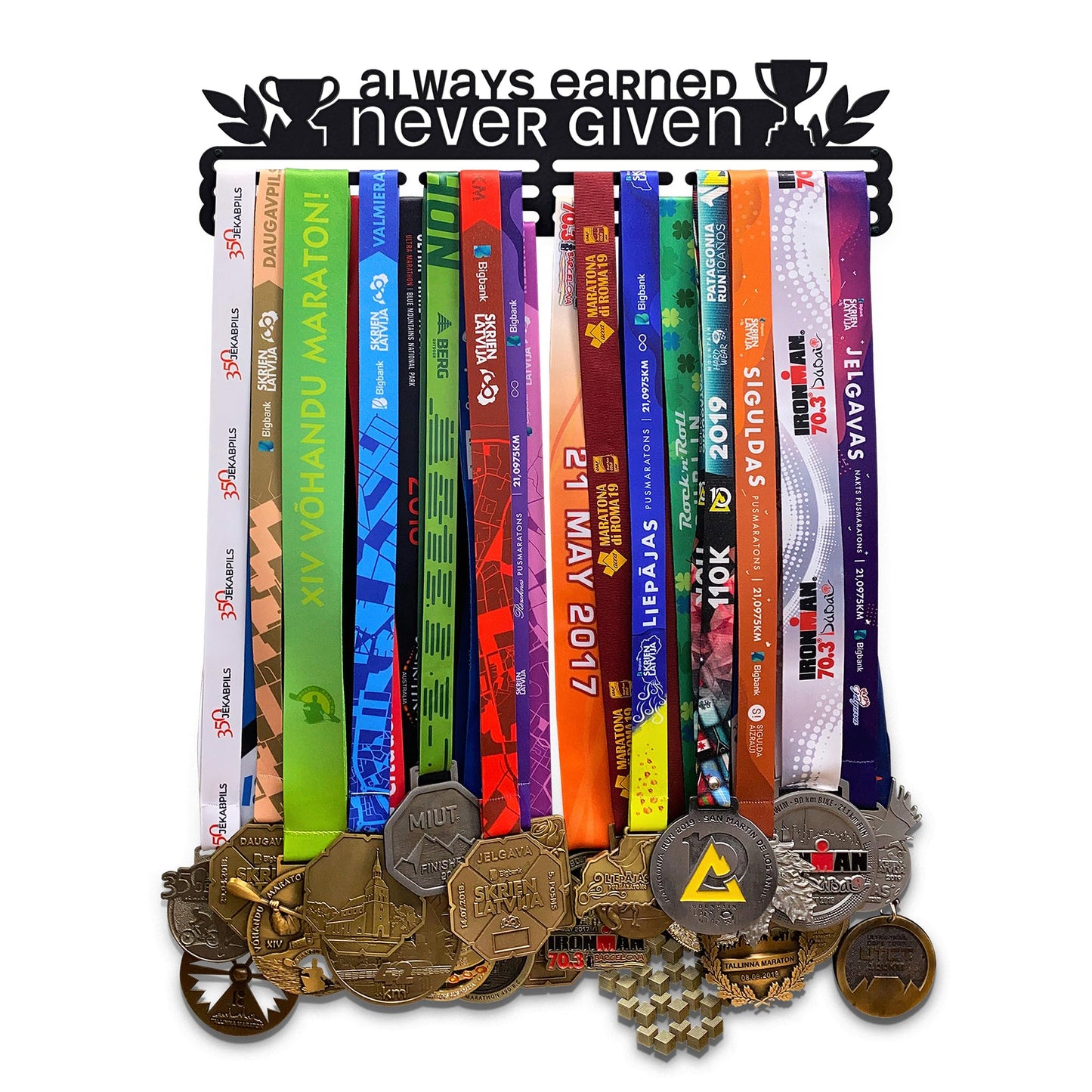 United Medals Sports Medal Hanger Display Race ALWAYS EARNED NEVER GIVEN | Black Race Medal Holder Awards Wall Mount | Running Marathon Race Medal Display for Wall | Steel medal holder for wall