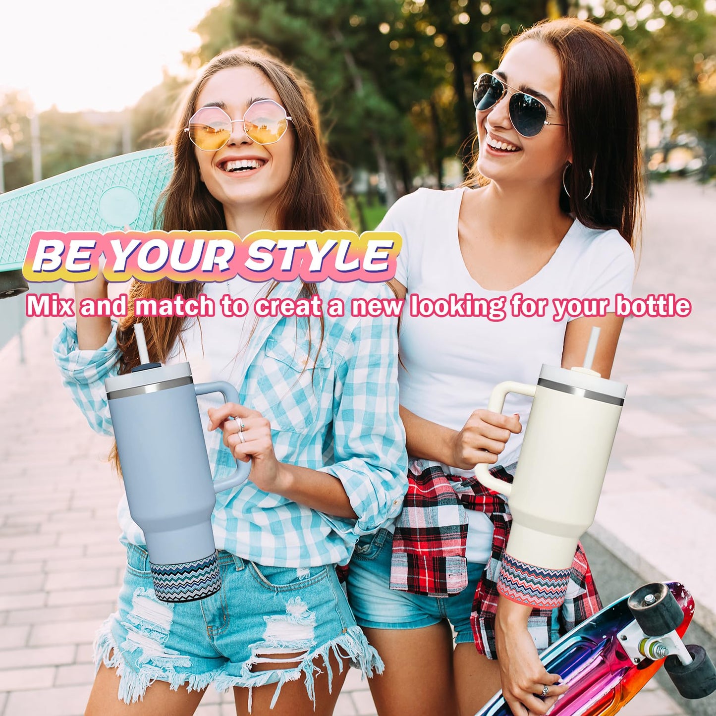 2 Pcs Tumbler Bottom Protector Boot for Stanley Quencher Adventure 40oz & Stanley IceFlow 20oz 30oz and Compatible with Hydro Flask 12oz 21oz 24oz (Blue wave Hibiscus/Blue wave Black)