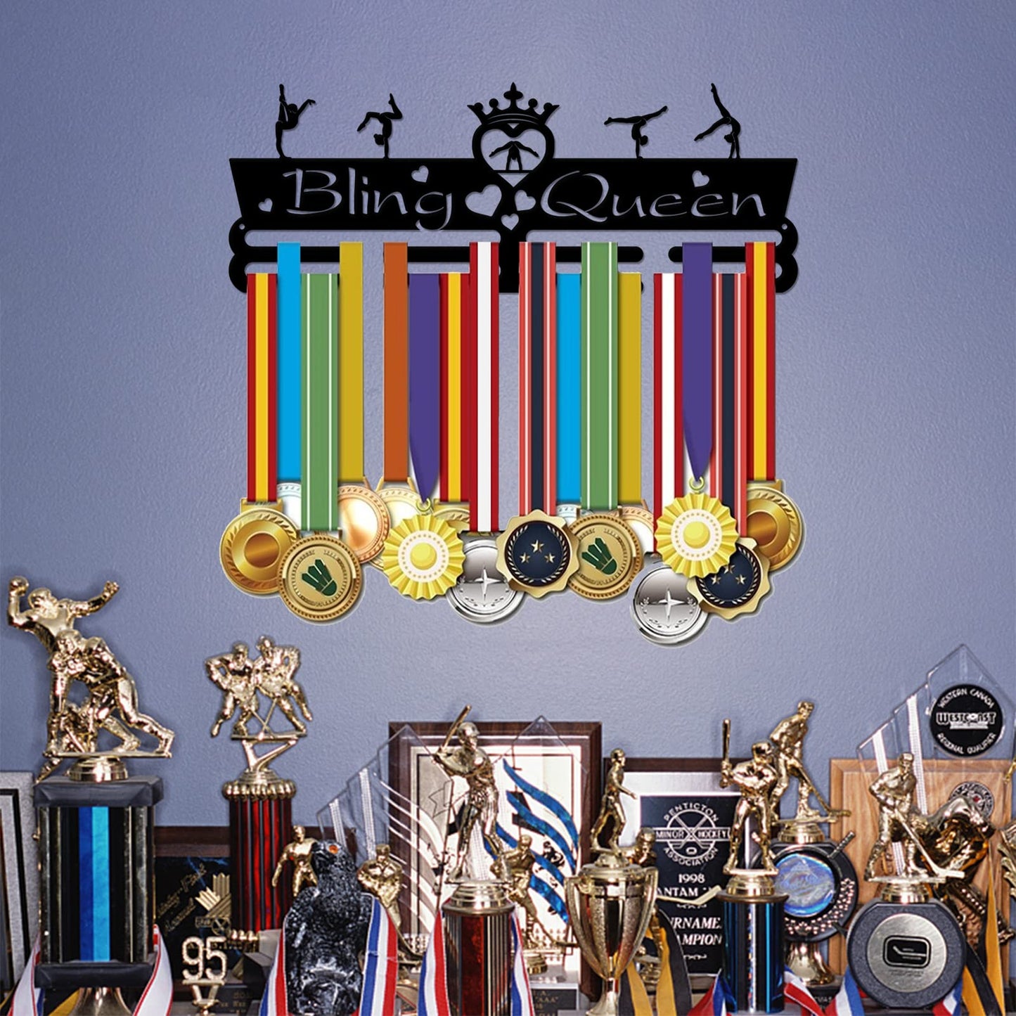 SUPERDANT Medal Holder Gymnastics Medals Display Motivating Word Bling Queen Black Iron Wall Mounted Hooks for Competition Medal Holder Display Wall Hanging