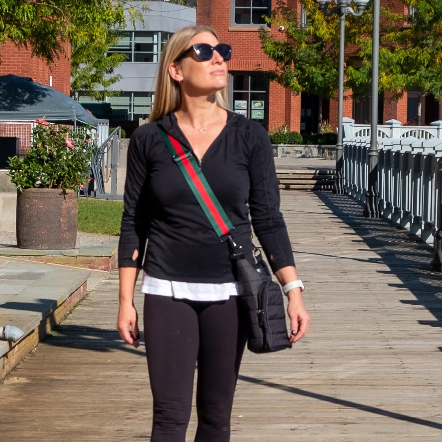 WanderFull Original Crossbody HydroBag | Quilted Water Bottle Carrier | Puffer Tote Tumbler Holder w/Pockets for Phone & Accessories | Carry Travel Essentials (Matte Black/Red&Green Striped Strap)