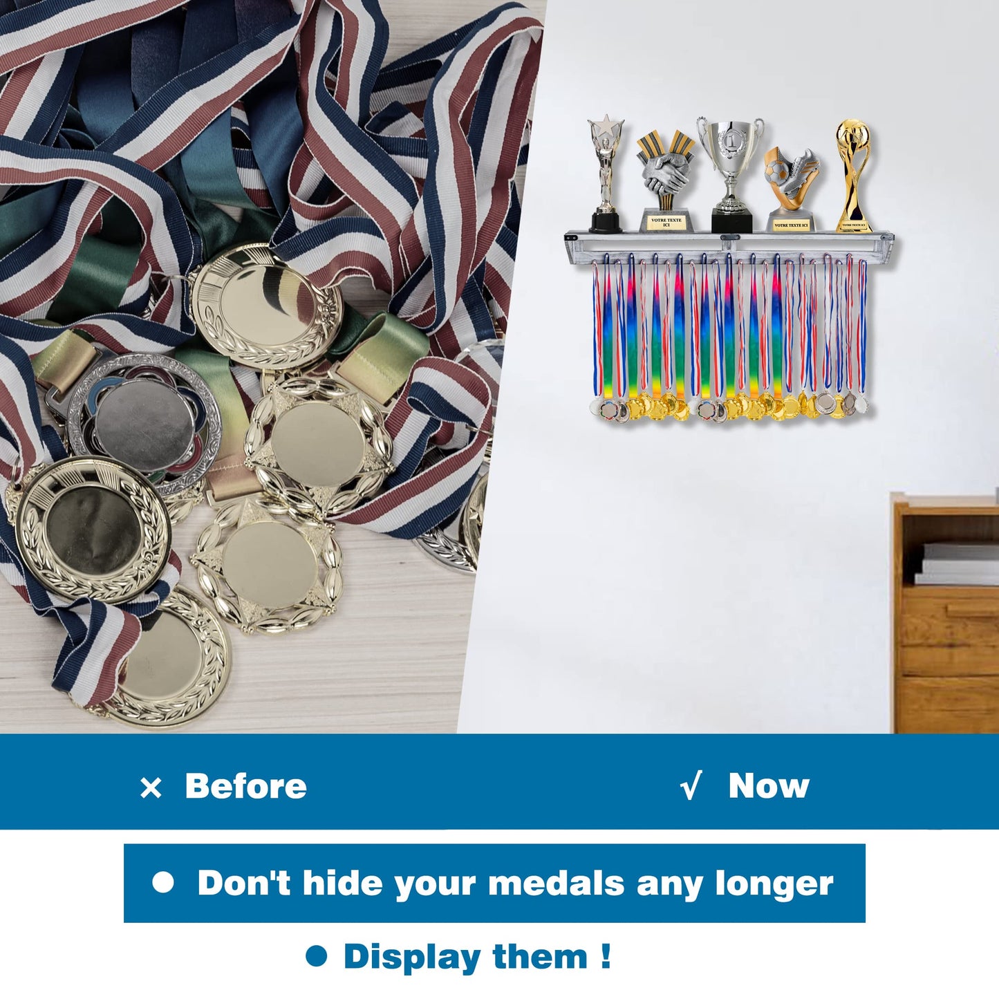 LAVIEVERT Gymnastic Medal Hanger with Storage Shelf, Wooden Wall-Mounted Trophy Shelf, Race Medal Display Rack Holder with 23 Hanging Bars - White