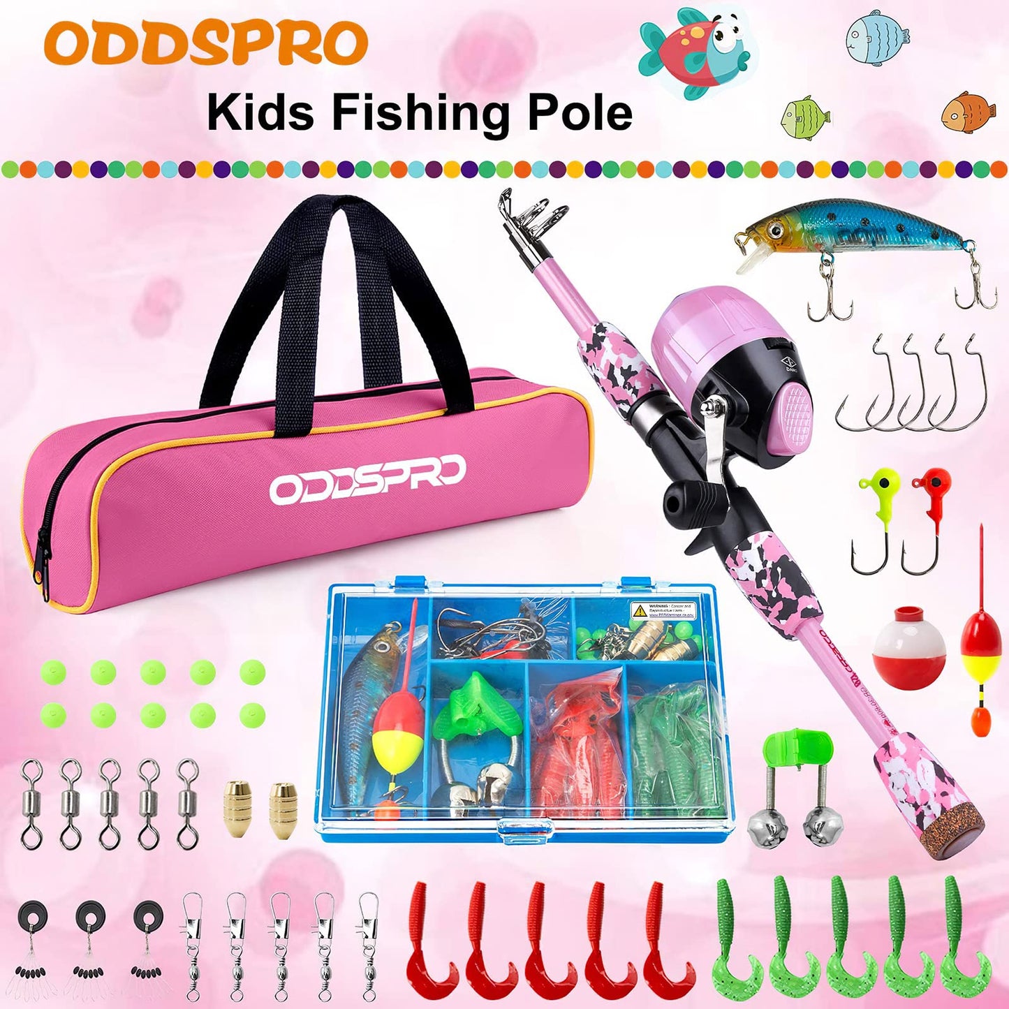 ODDSPRO Kids Fishing Pole - Kids Fishing Starter Kit - with Tackle Box, Reel, Practice Plug, Beginner's Guide and Travel Bag for Boys, Girls (Light Pink, 1.5M 4.92Ft)