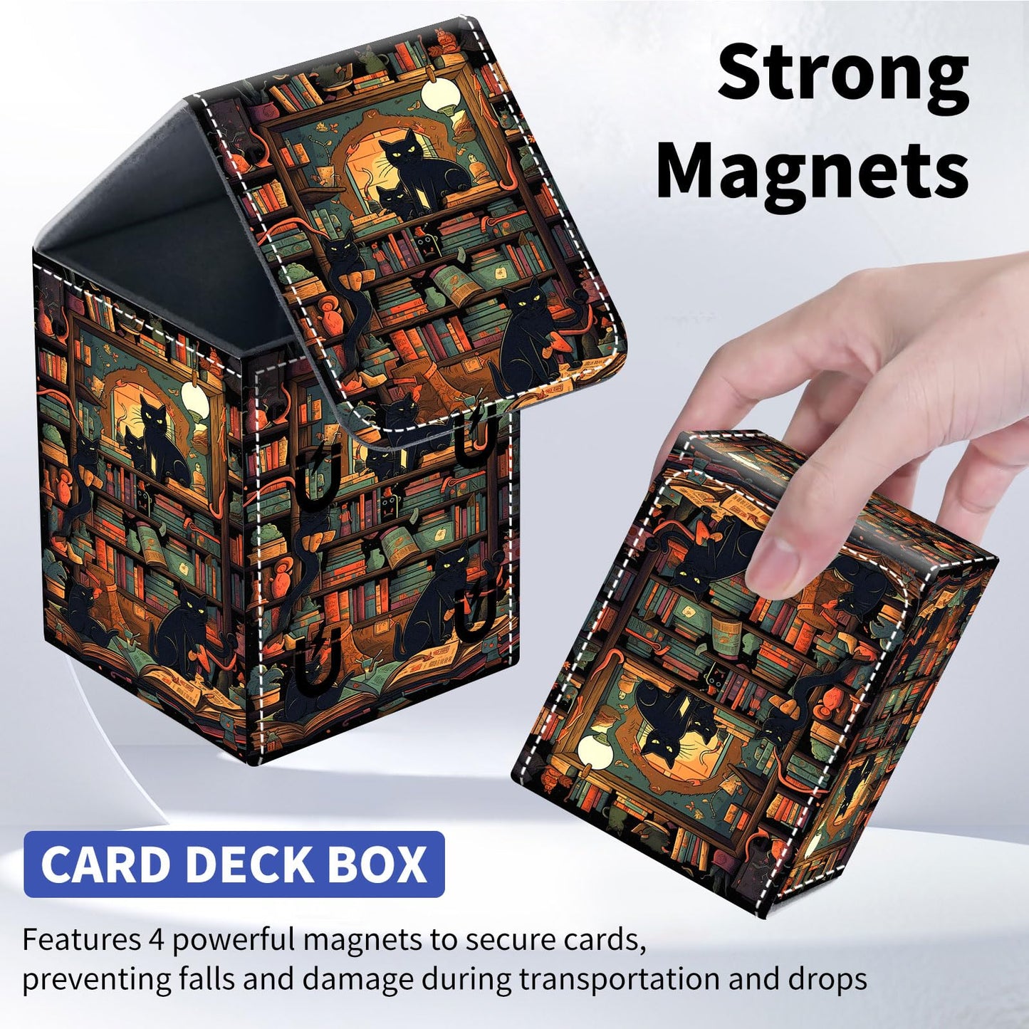Qindaiwen Card Deck Box for Trading Cards, MTG Deck Box Fits 100+ Single Sleeved Cards, PU Leather Strong Magnet Card Deck Case Holder for Magic Commander TCG CCG, Night Cat 02