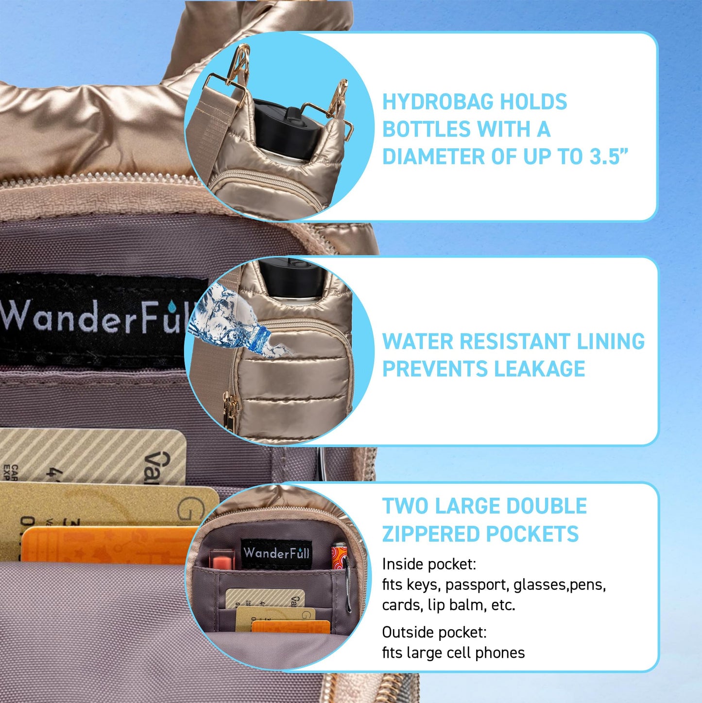 WanderFull Original Crossbody HydroBag | Quilted Water Bottle Carrier | Puffer Tote Tumbler Holder with Pockets for Purse, Phone & Accessories | Carry Travel Essentials (Gold Shiny/Solid Gold Strap)