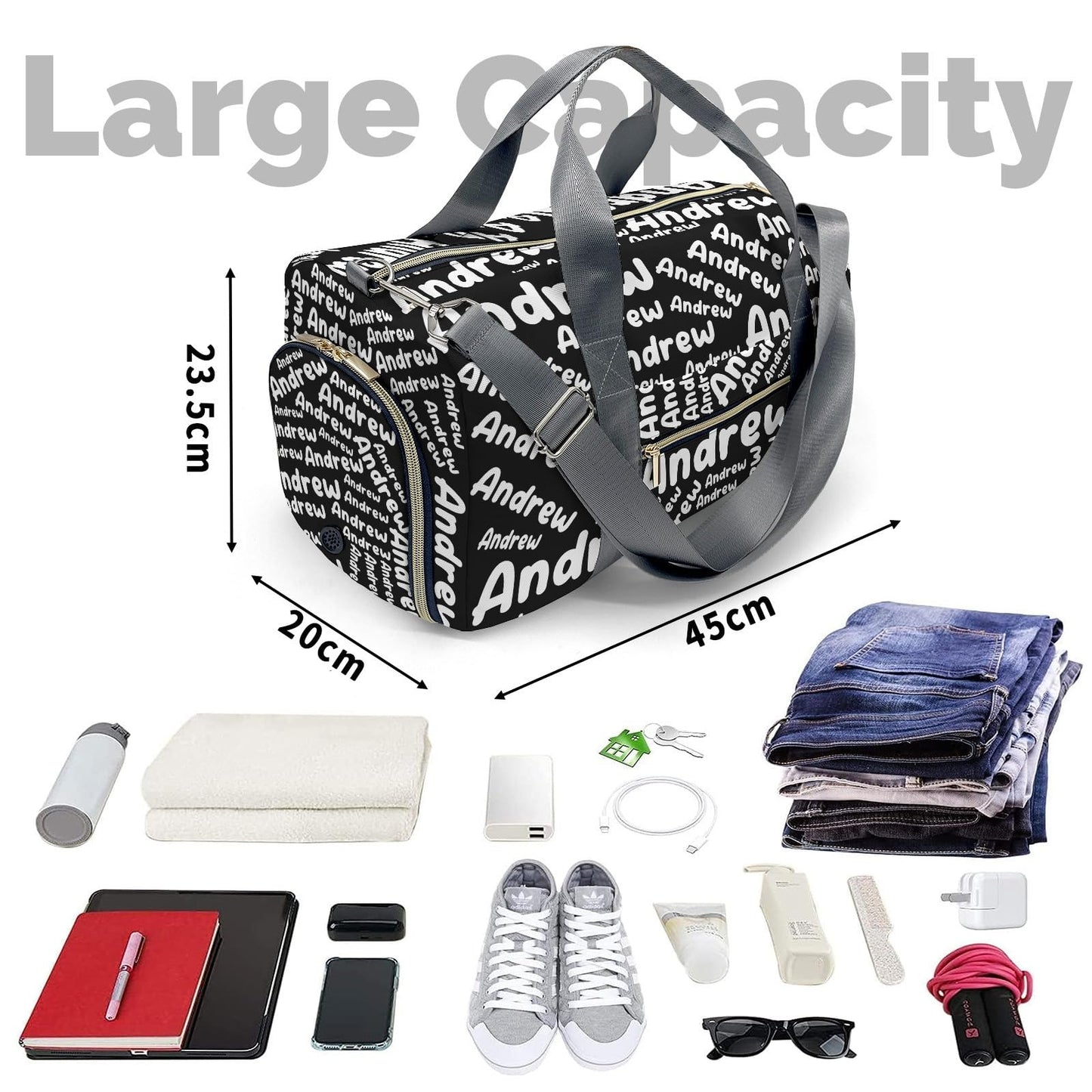 Customized Travel Duffel Bag with Name Weekender Overnight Bags Black Personalized Sports Gym Bag Waterproof Luggage Bag for Women