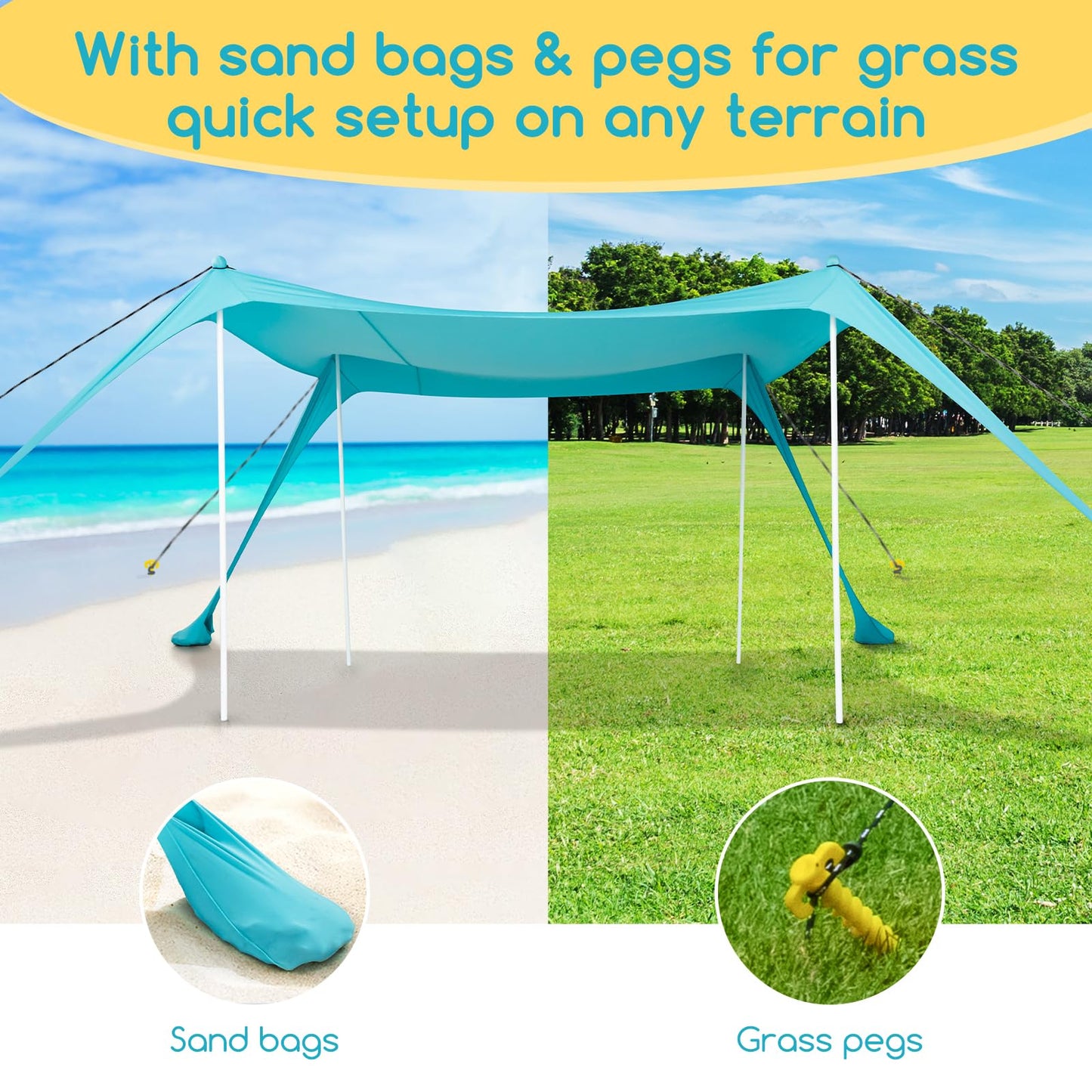 deli Beach Tent, Beach Canopy with UPF50+ Protection, Foldable Poles, 2 in 1 Beach Blanket, Carrying Bag,Sand Shovel,10x10FT Beach Tent Sun Shelter for Backyard Fun, Camping Or Picnics,Easy to Setup