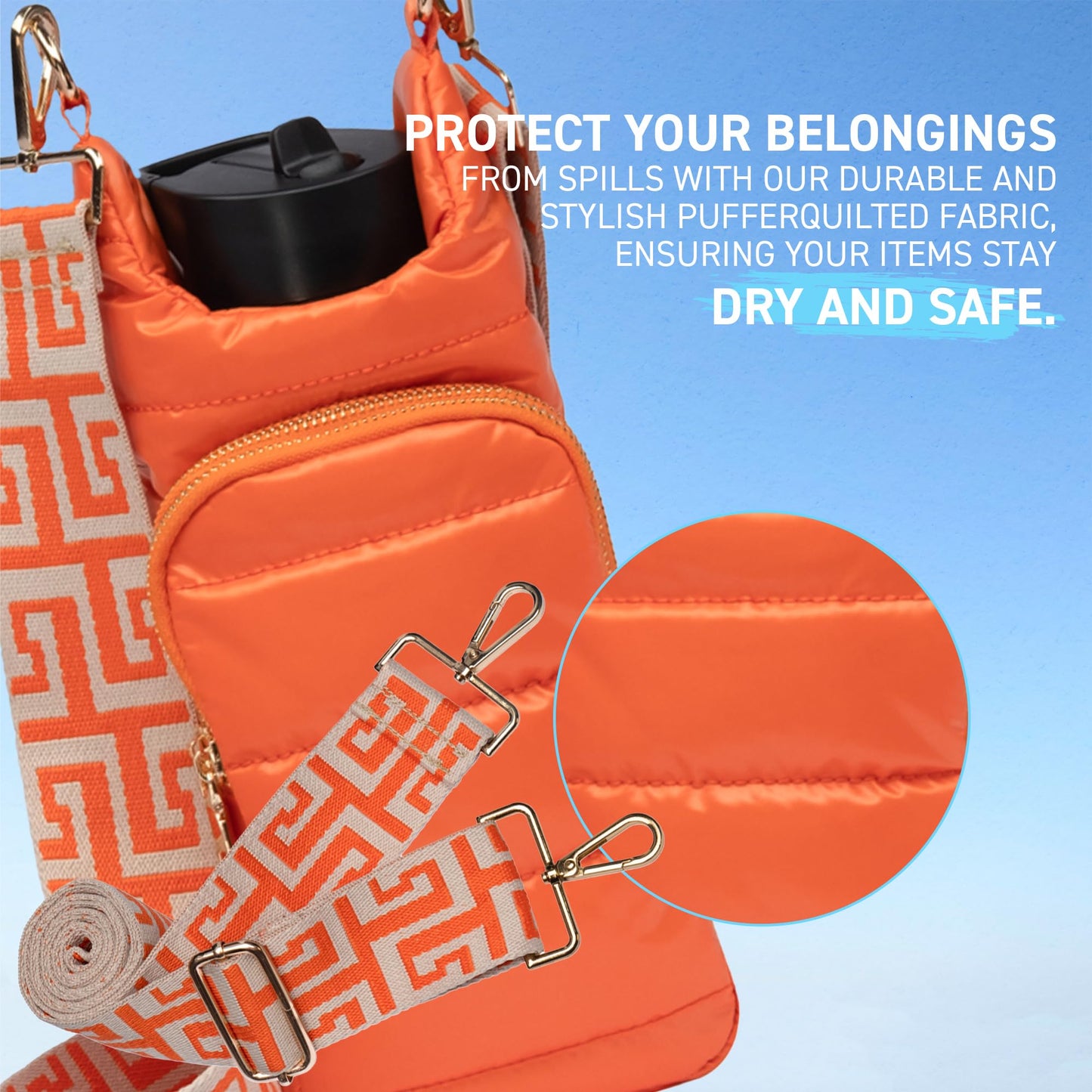 WanderFull Original Crossbody HydroBag | Quilted Water Bottle Carrier | Puffer Tote Tumbler Holder with Pockets for Purse, Phone & Accessories | Carry Travel Essentials (Orange/Patterned Strap)