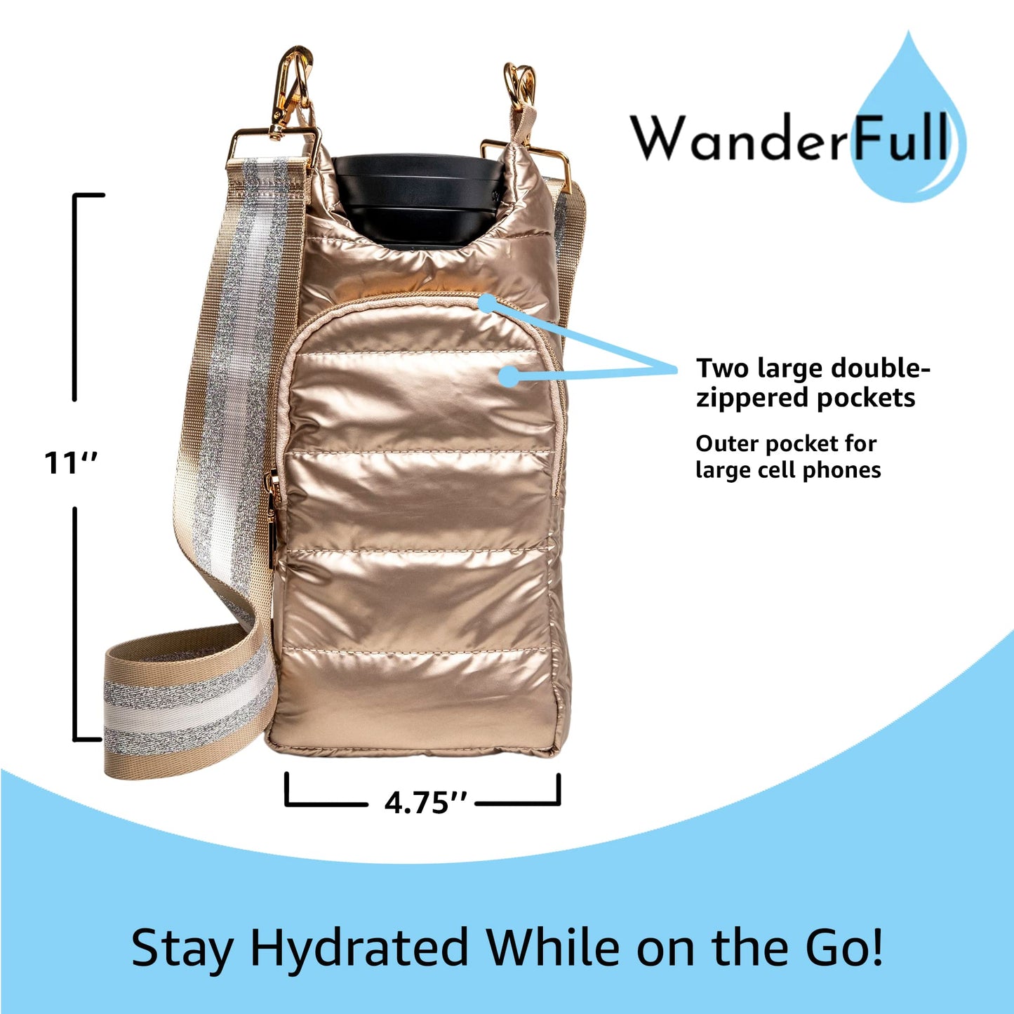 WanderFull Original Crossbody HydroBag | Quilted Water Bottle Carrier | Puffer Tote Tumbler Holder with Pockets for Phone & Accessories | Carry Travel Essentials (Gold Metallic/Interchangeable Strap)