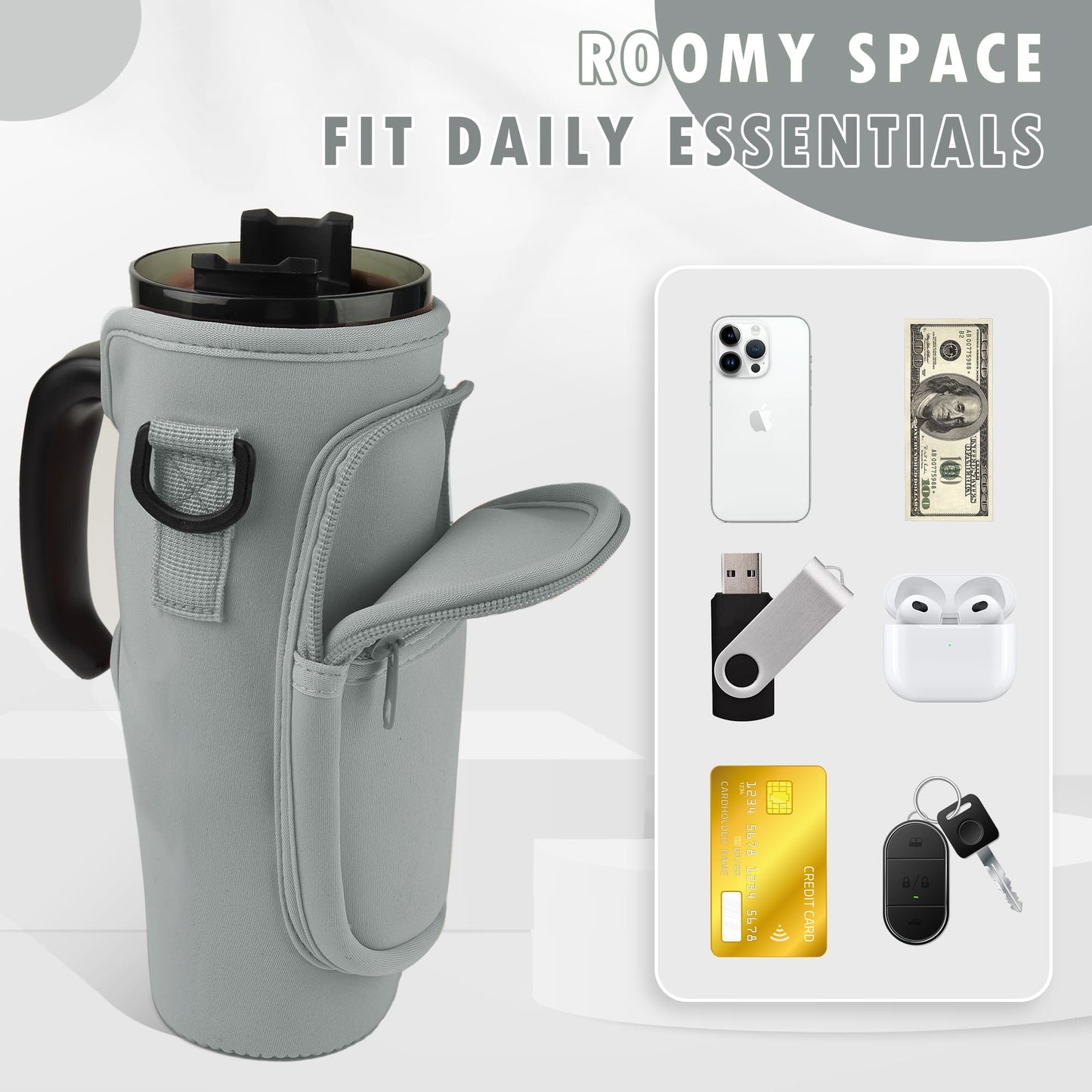 Water Bottle Carrier Bag with Strap for Stanley Cup 40oz Tumbler with Phone Pocket, Keychain Accessories for Stanley Cup Handle, Women Personalized Accessories for Stanley Cup