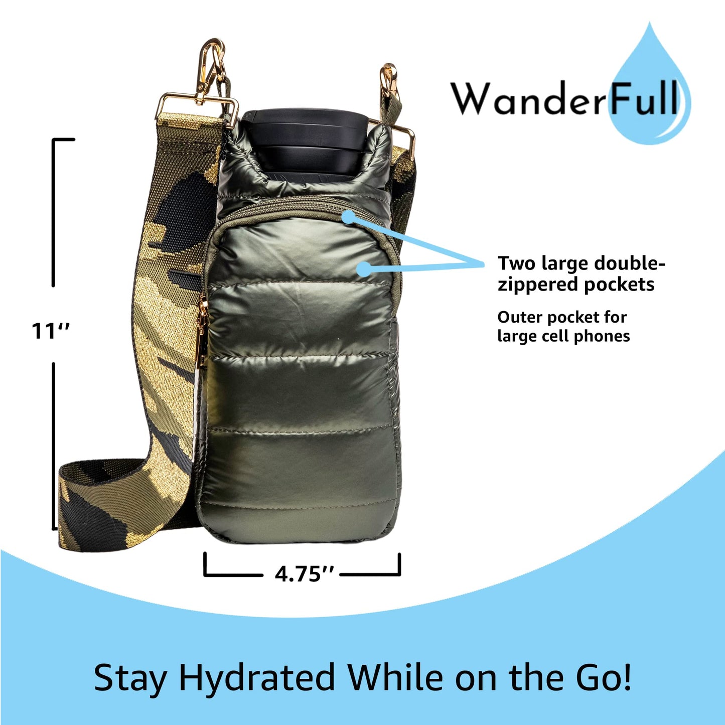 WanderFull Original Crossbody HydroBag | Quilted Water Bottle Carrier | Puffer Tote Tumbler Holder with Pockets for Phone & Accessories | Carry Travel Essentials (Army Green&Gold/Camouflage Strap)