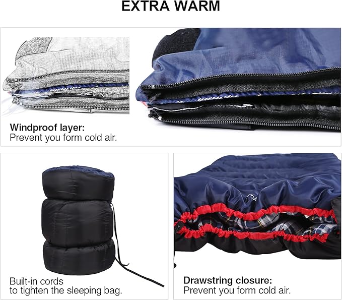 REDCAMP Outdoors Cotton Flannel Sleeping Bag for Camping Hiking Climbing Backpacking, Envelope Sleeping Bag with Compression Sack, Red Plaid 3lbs(79"x33"), Navy Blue 2lbs (75"x33")