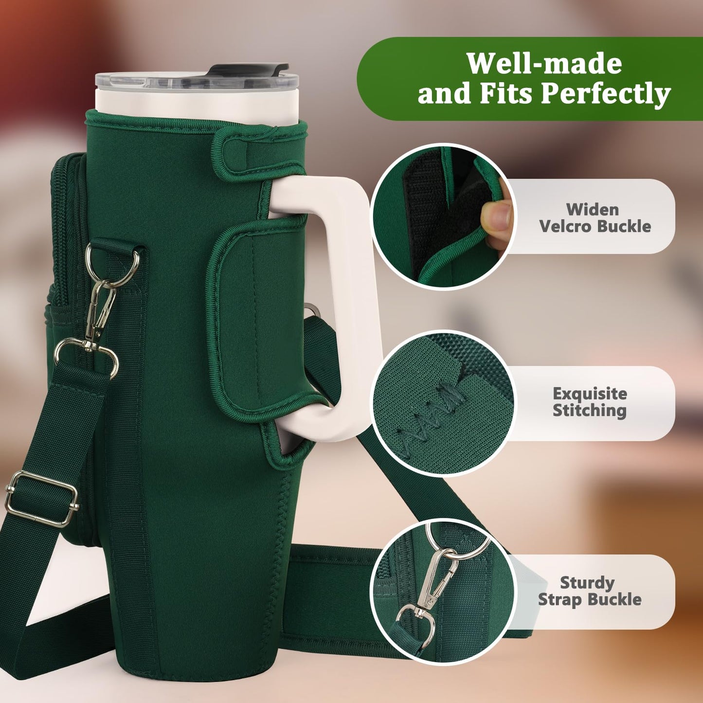 Water Bottle Carrier Bag with Phone Pocket Compatible with Stanley/Meoky 40 oz Tumbler with Handle,Neoprene Water Bottle Holder Pouch with Adjustable Strap Compatible with Stanley Cup Accessories